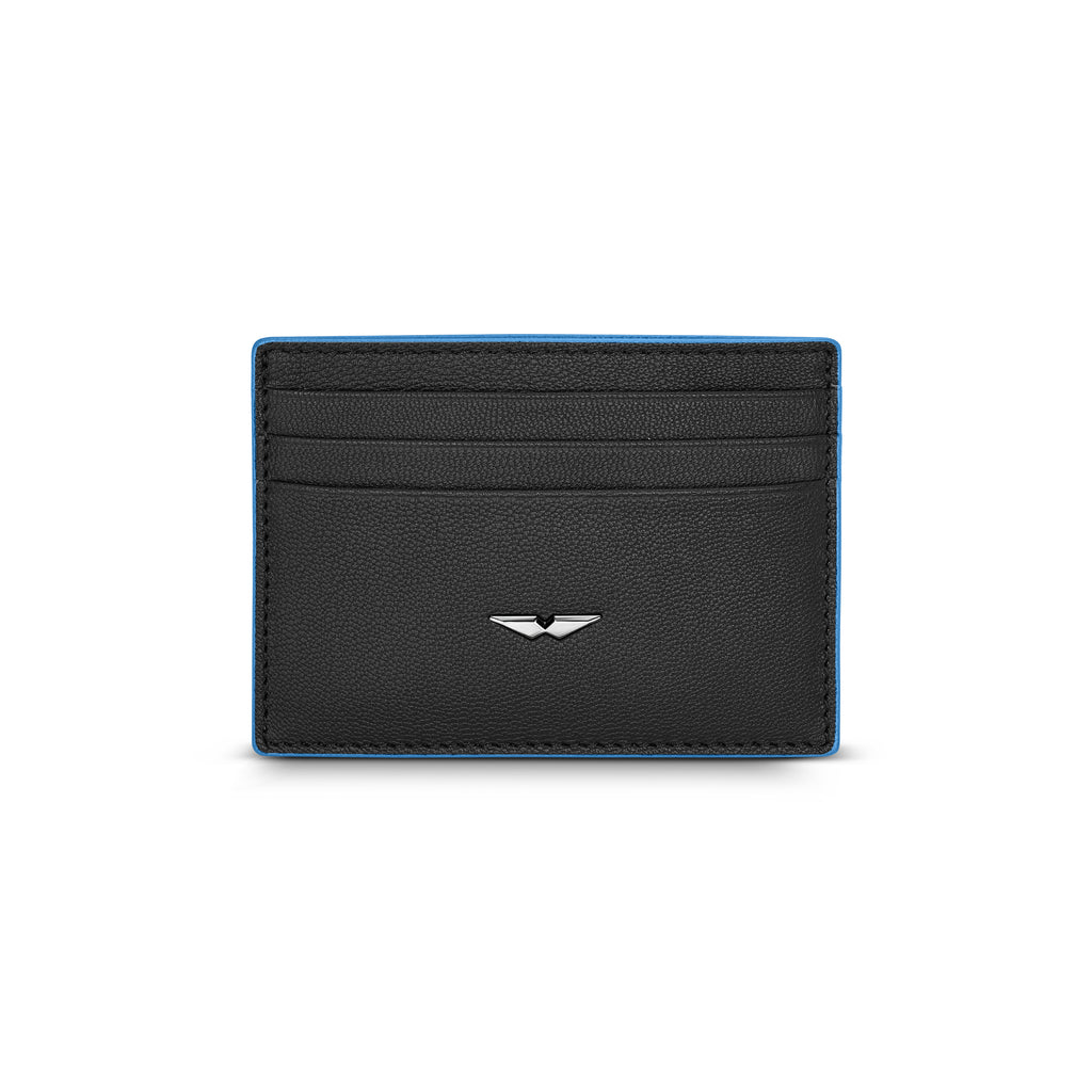 Police Aile men’s black genuine leather card case with blue trim and multiple card slots