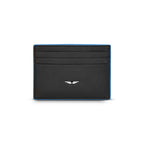 Police Aile men’s black genuine leather card case with blue trim and multiple card slots