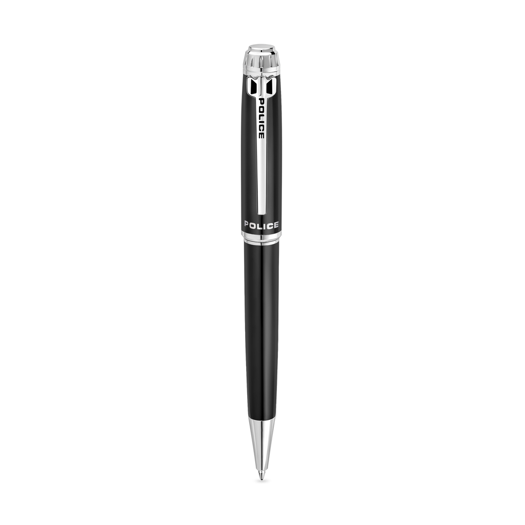 Police Aptos black ballpoint pen with polished silver-tone trims and signature Police branding