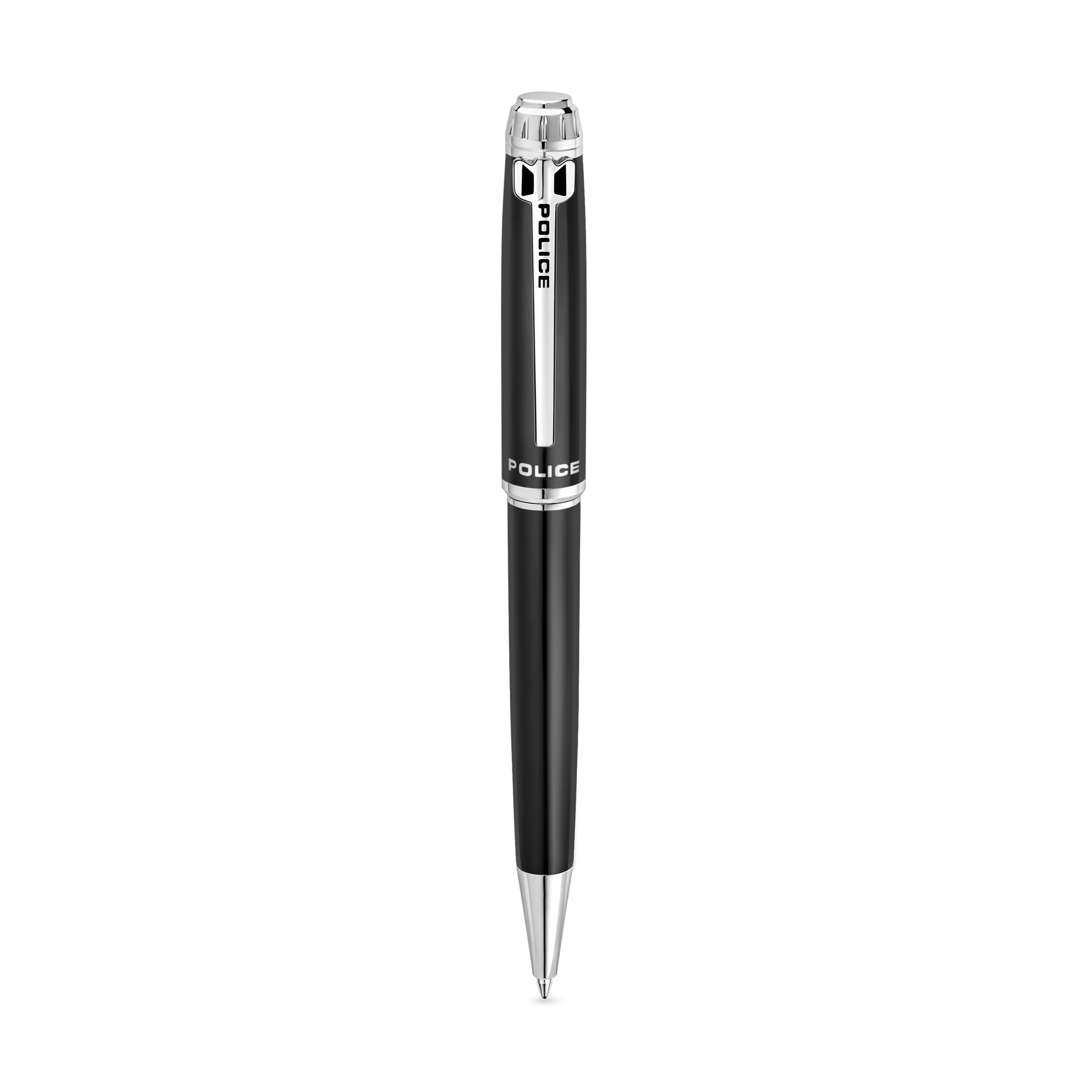 Police Aptos black ballpoint pen with polished silver-tone trims and signature Police branding