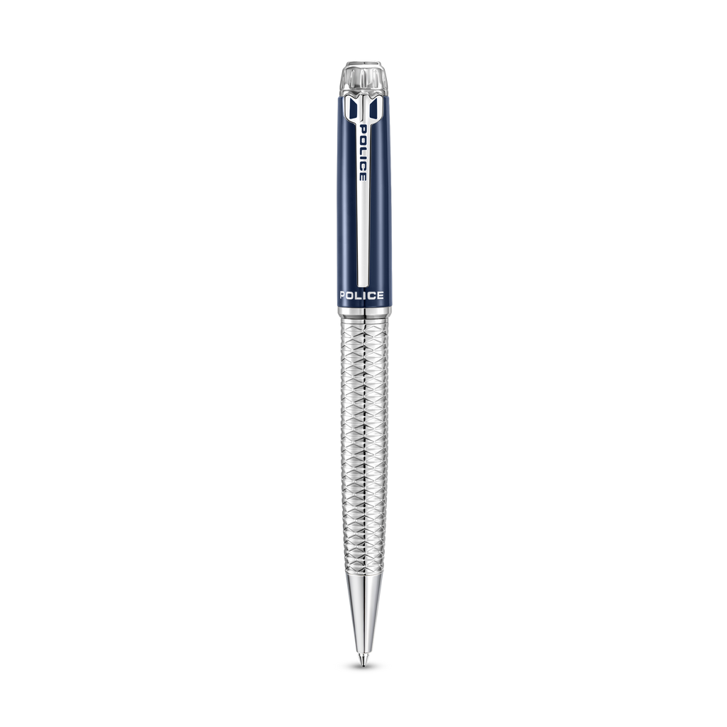 Police Aptos blue and silver ballpoint pen with faceted textured lower barrel and stainless steel trims