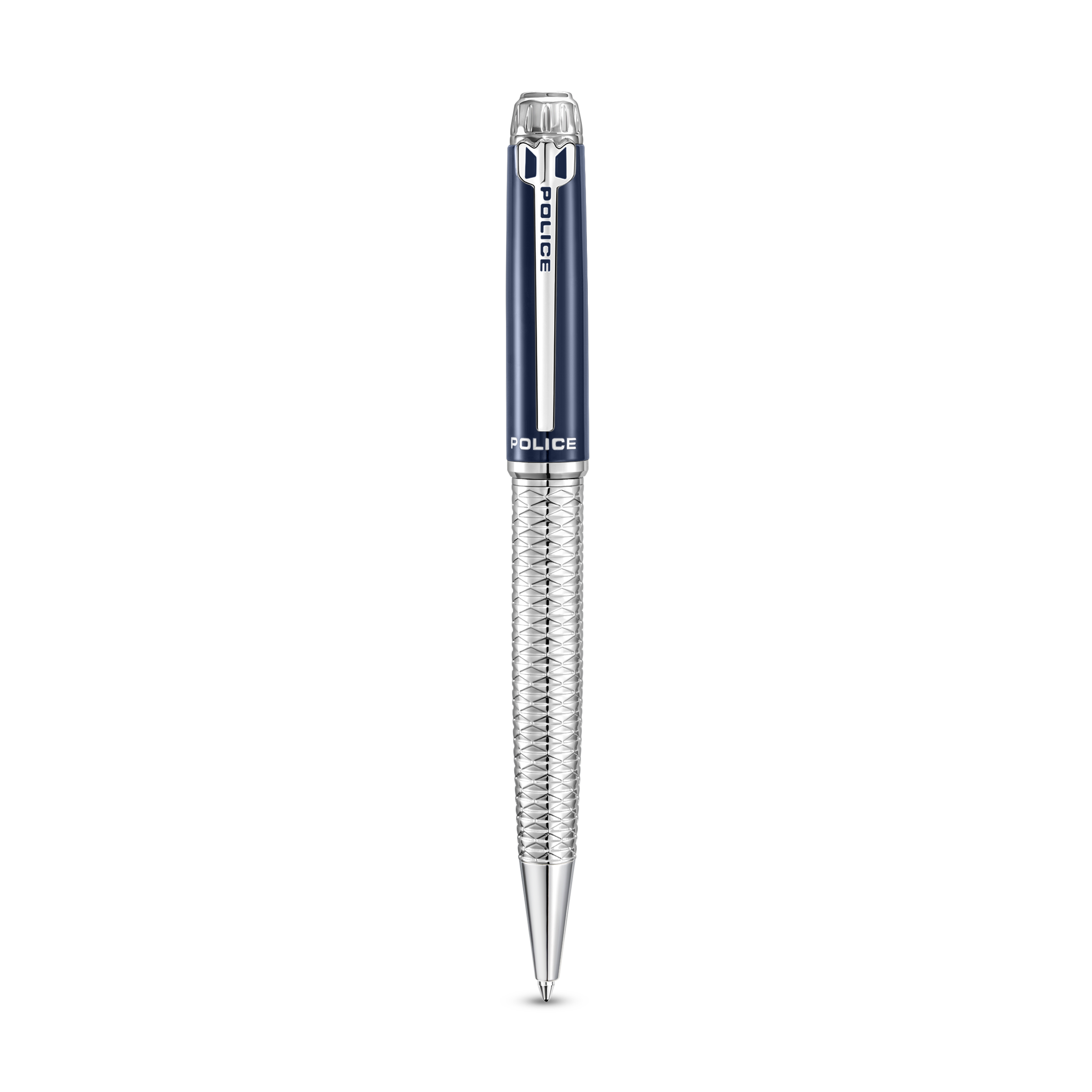Police Aptos blue and silver ballpoint pen with faceted textured lower barrel and stainless steel trims