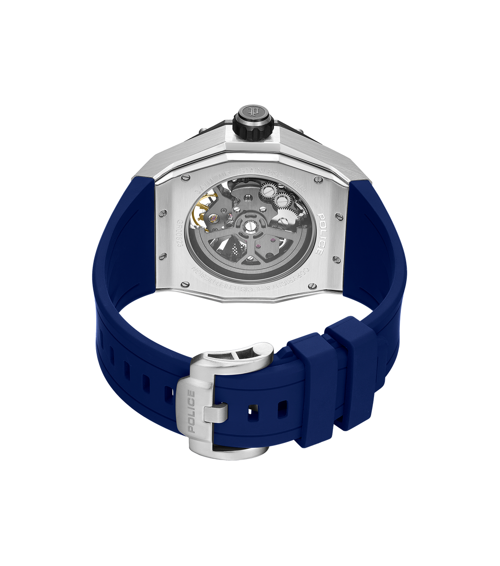 Police automatic skeleton watch stainless steel blue case blue dial blue silicone strap men Paris Gallery Qatar