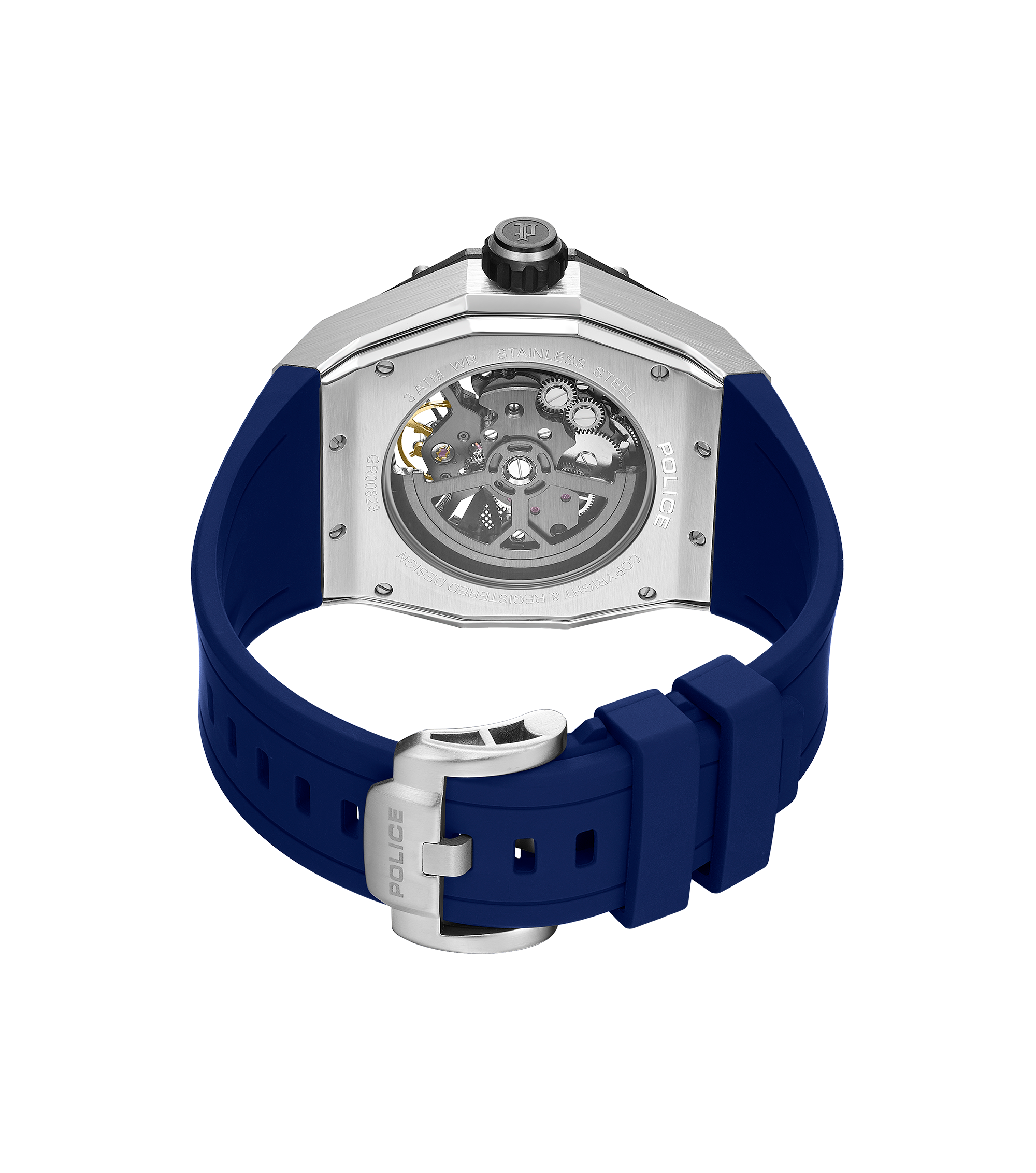 Police automatic skeleton watch stainless steel blue case blue dial blue silicone strap men Paris Gallery Qatar