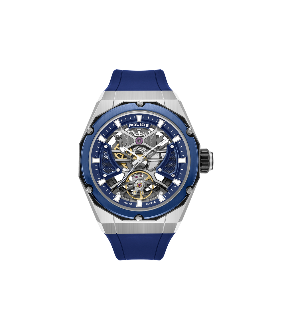 Police automatic skeleton watch stainless steel blue case blue dial blue silicone strap men Paris Gallery Qatar