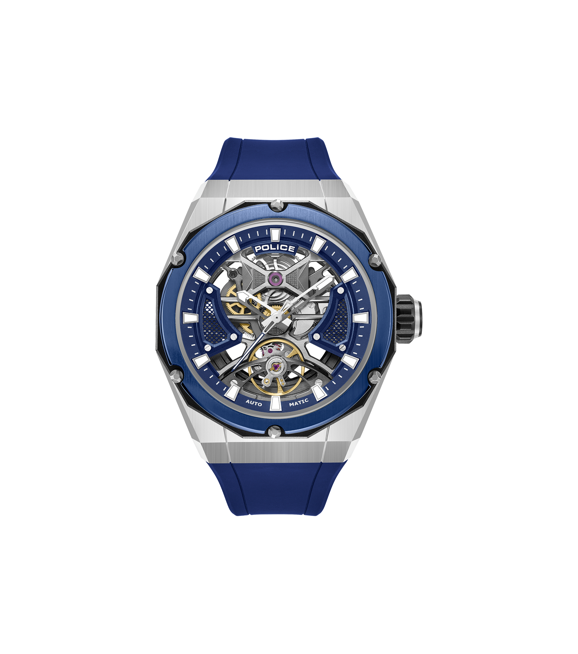 Police automatic skeleton watch stainless steel blue case blue dial blue silicone strap men Paris Gallery Qatar