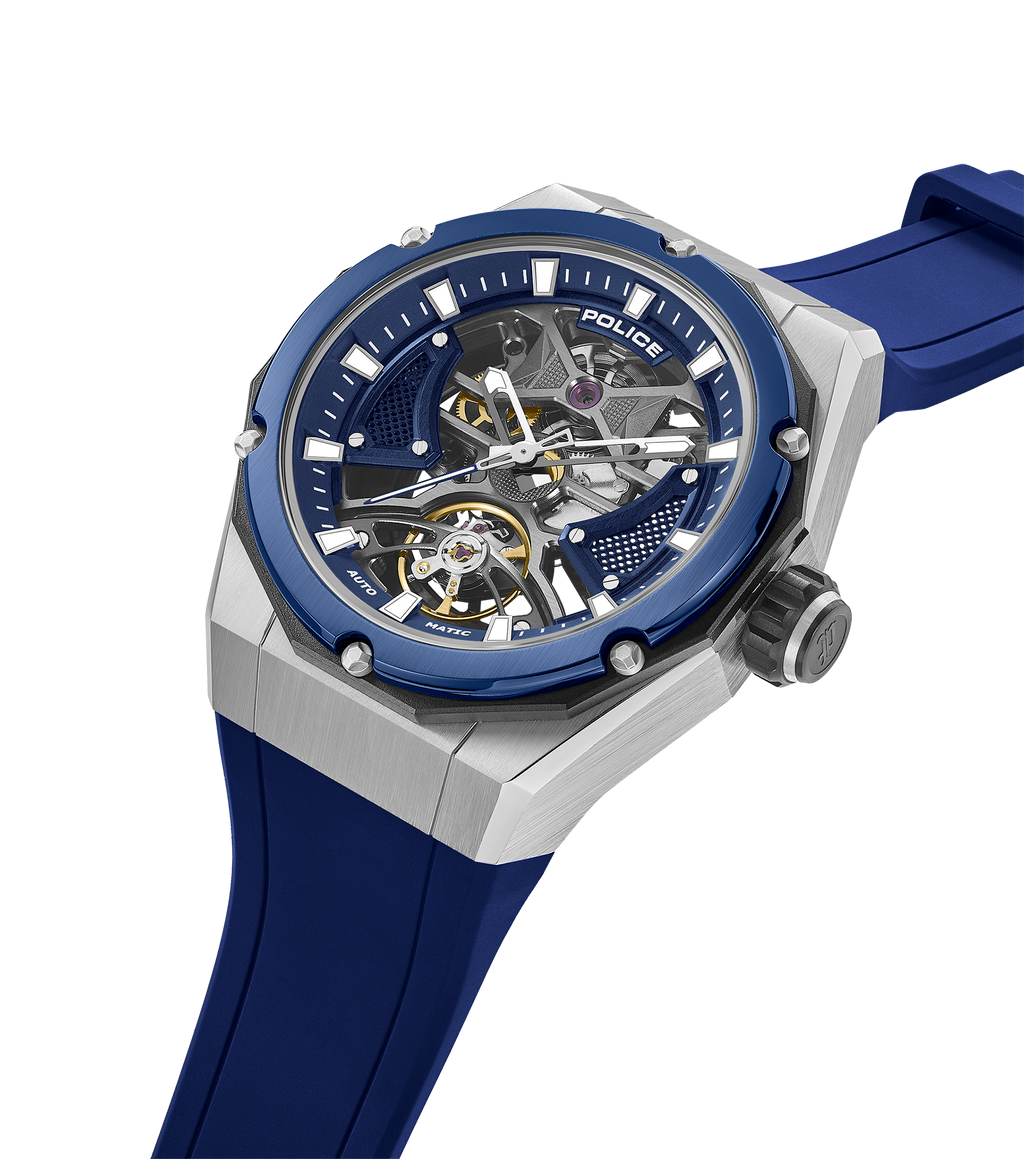 Police automatic skeleton watch stainless steel blue case blue dial blue silicone strap men Paris Gallery Qatar