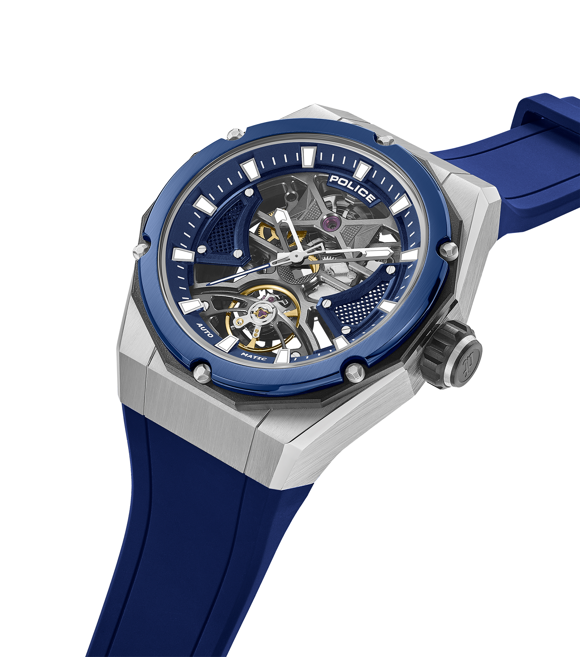 Police automatic skeleton watch stainless steel blue case blue dial blue silicone strap men Paris Gallery Qatar