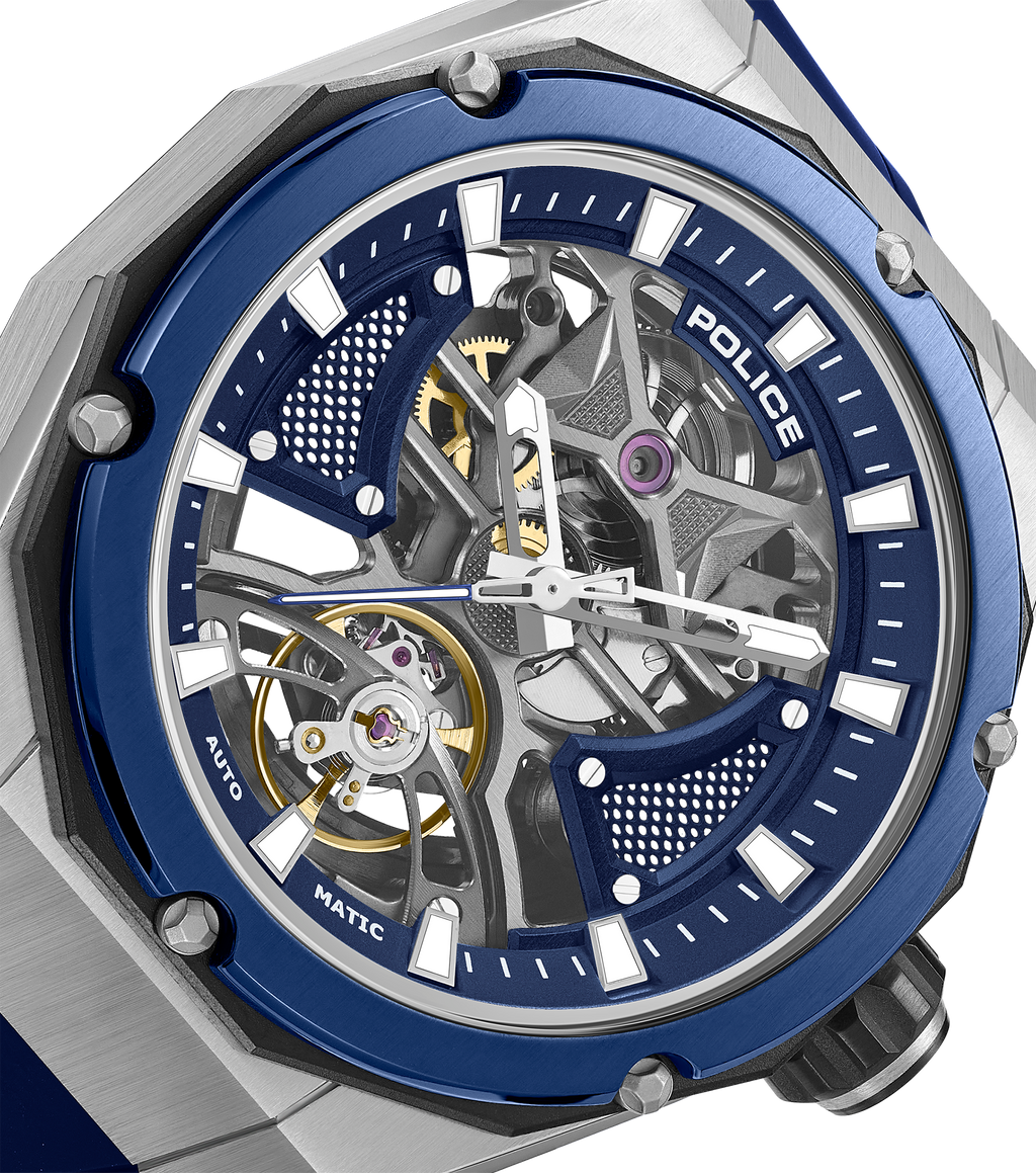 Police automatic skeleton watch stainless steel blue case blue dial blue silicone strap men Paris Gallery Qatar