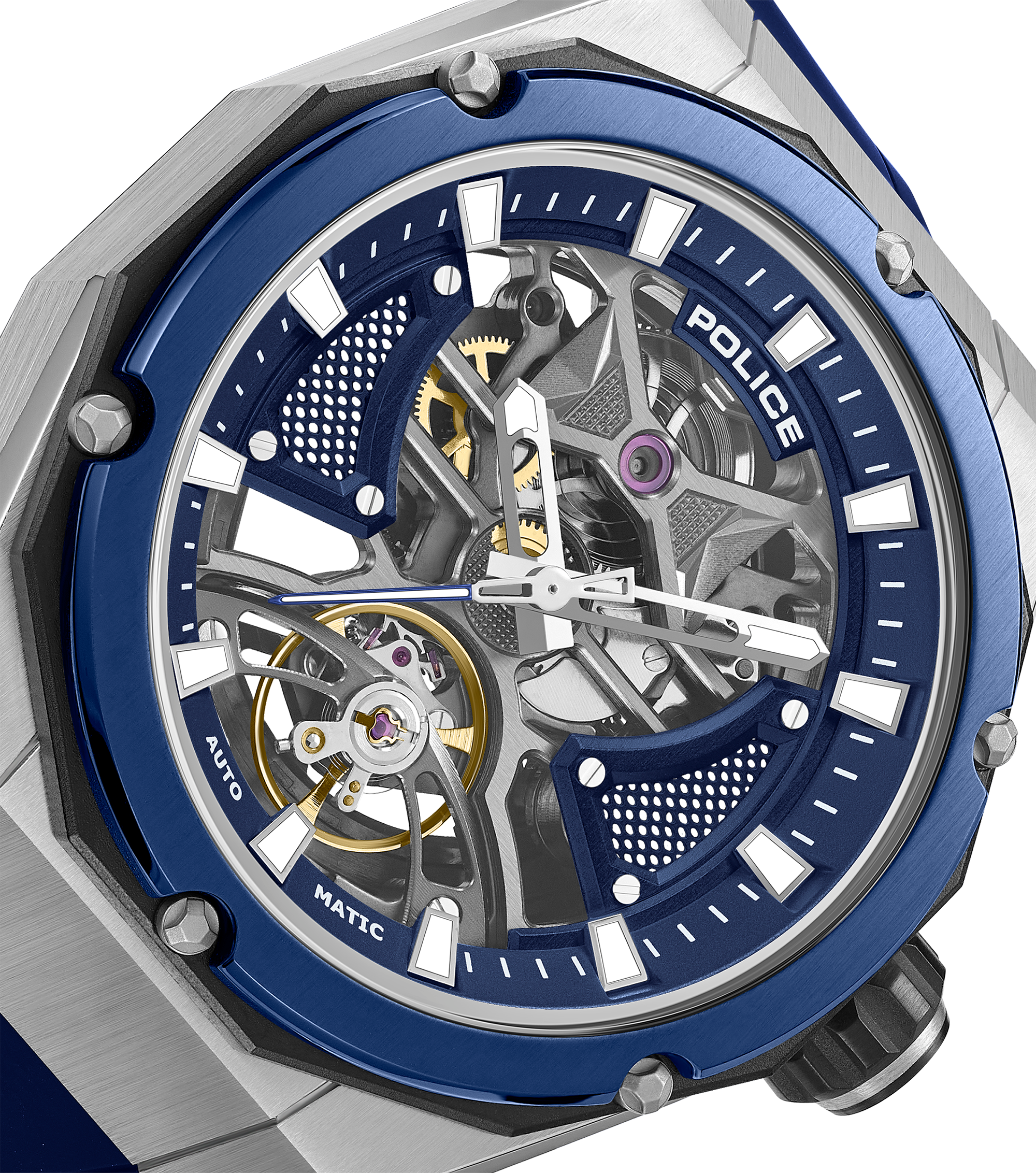 Police automatic skeleton watch stainless steel blue case blue dial blue silicone strap men Paris Gallery Qatar