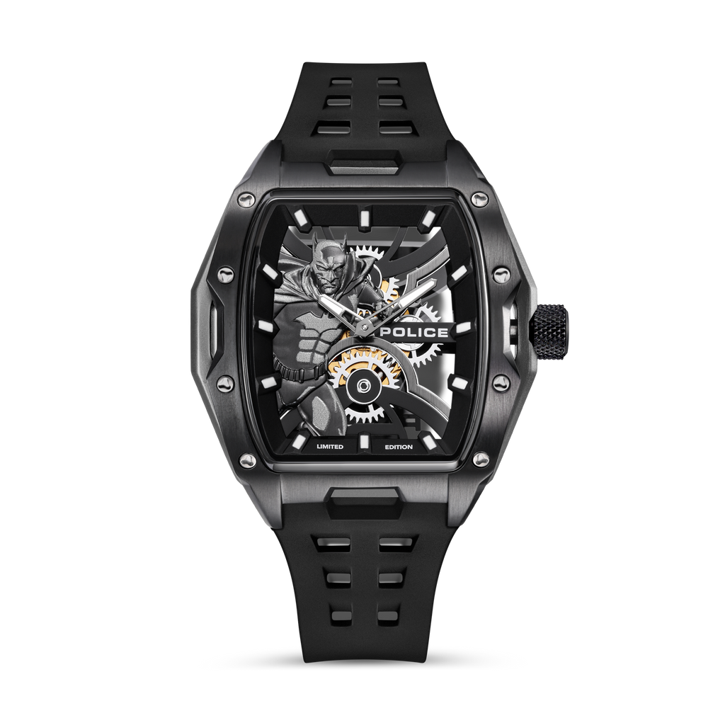 Police Batman Limited Edition men's watch with 3D black skeleton dial, dark case and black silicone strap