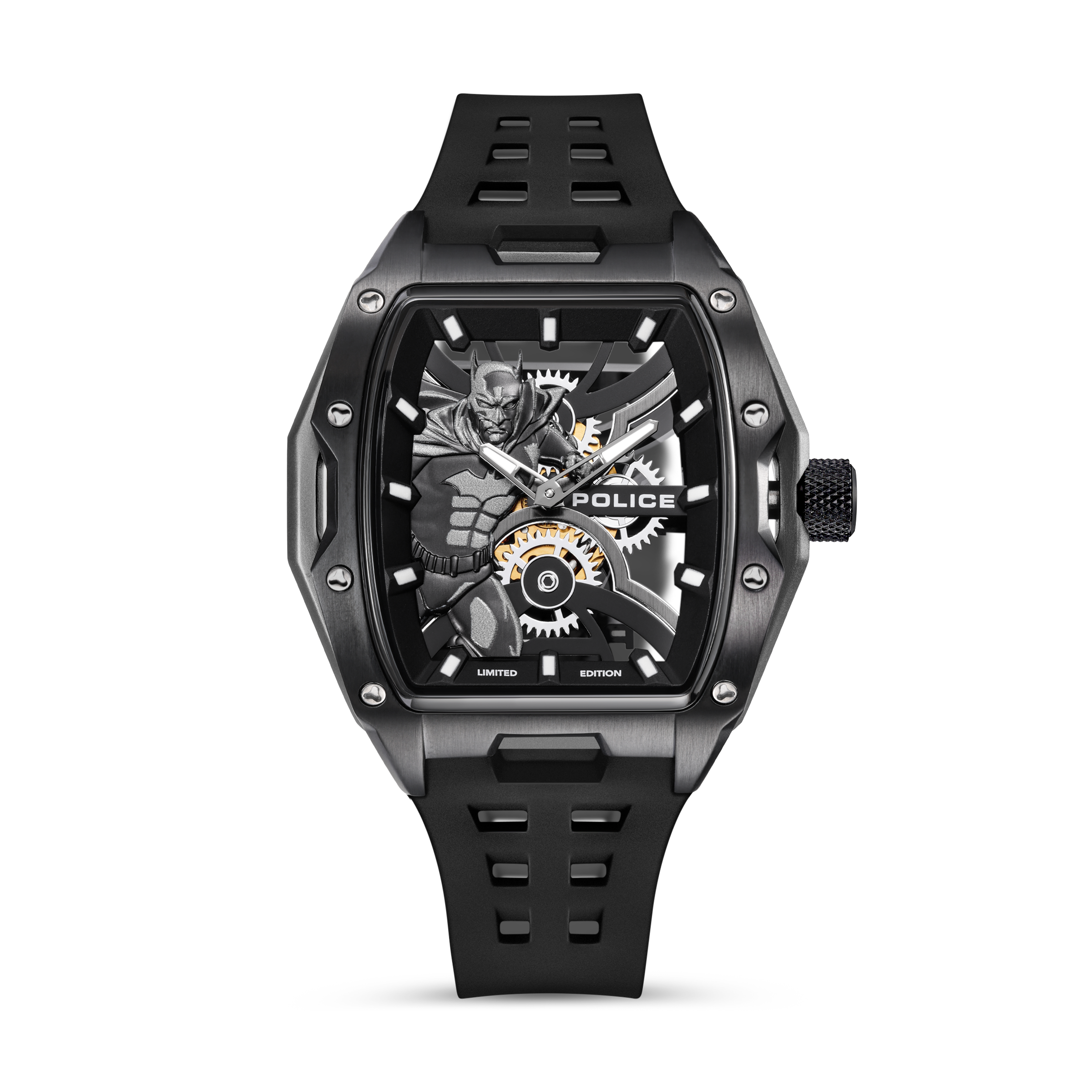 Police Batman Limited Edition men's watch with 3D black skeleton dial, dark case and black silicone strap