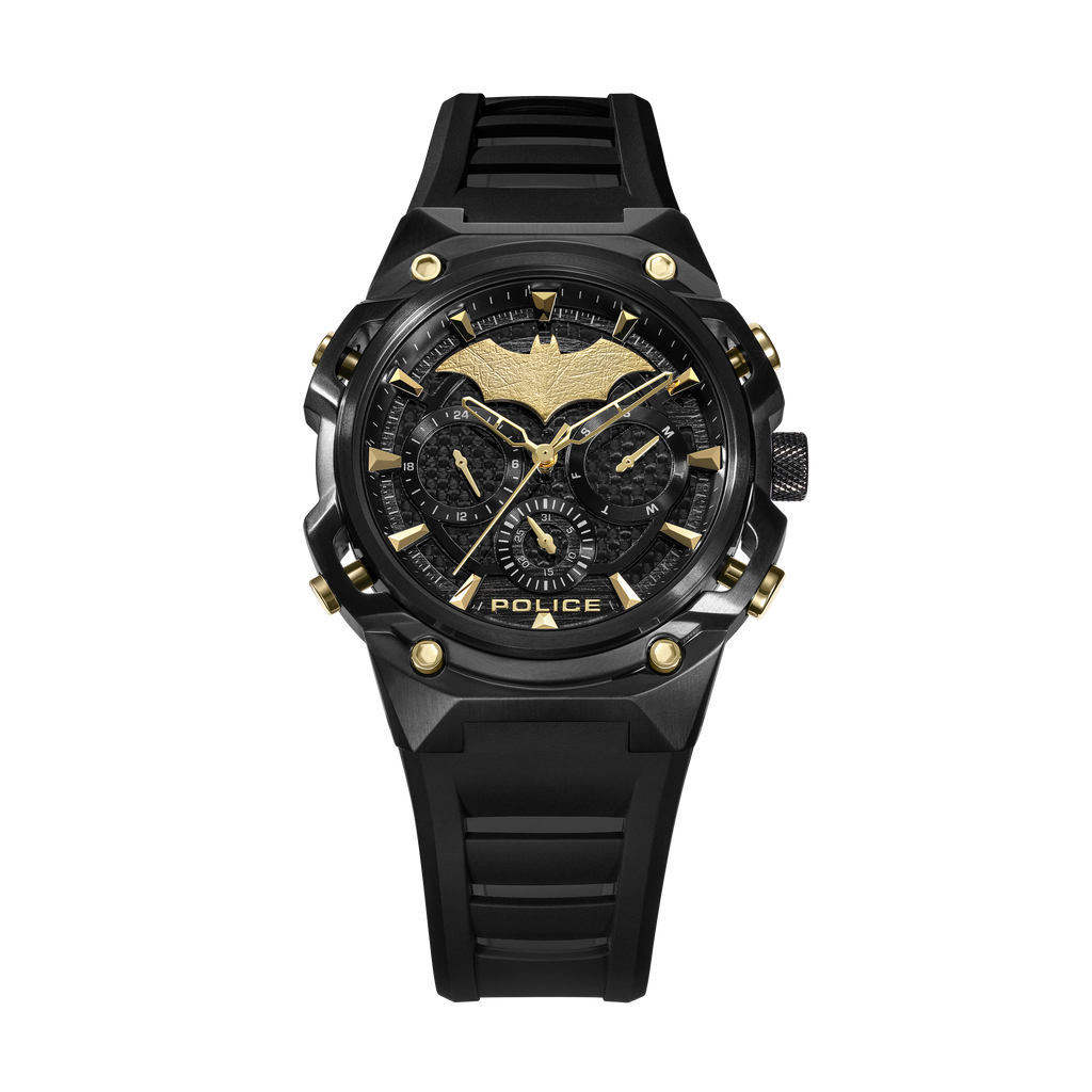 Police Batman men's black multifunction watch with gold-tone Batman emblem, black case and silicone strap