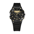 Police Batman men's black multifunction watch with gold-tone Batman emblem, black case and silicone strap