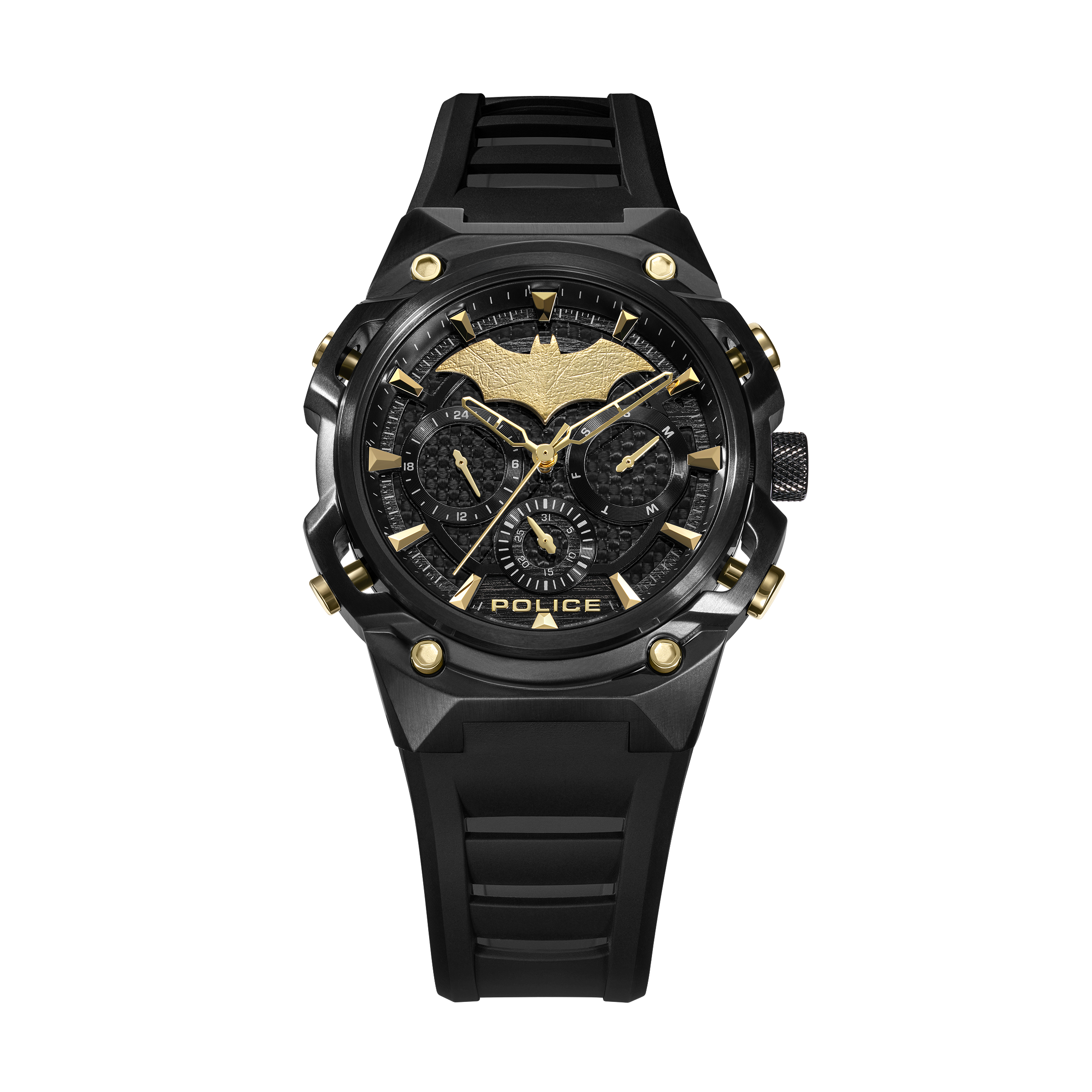 Police Batman men's black multifunction watch with gold-tone Batman emblem, black case and silicone strap