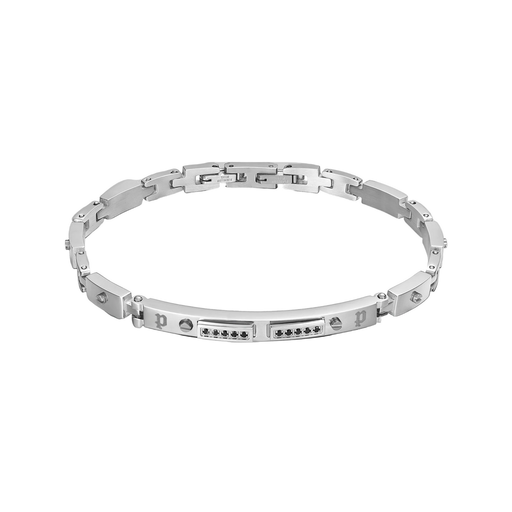 Police Bond men's slim stainless steel bracelet with black crystals, screw details and signature Police motifs