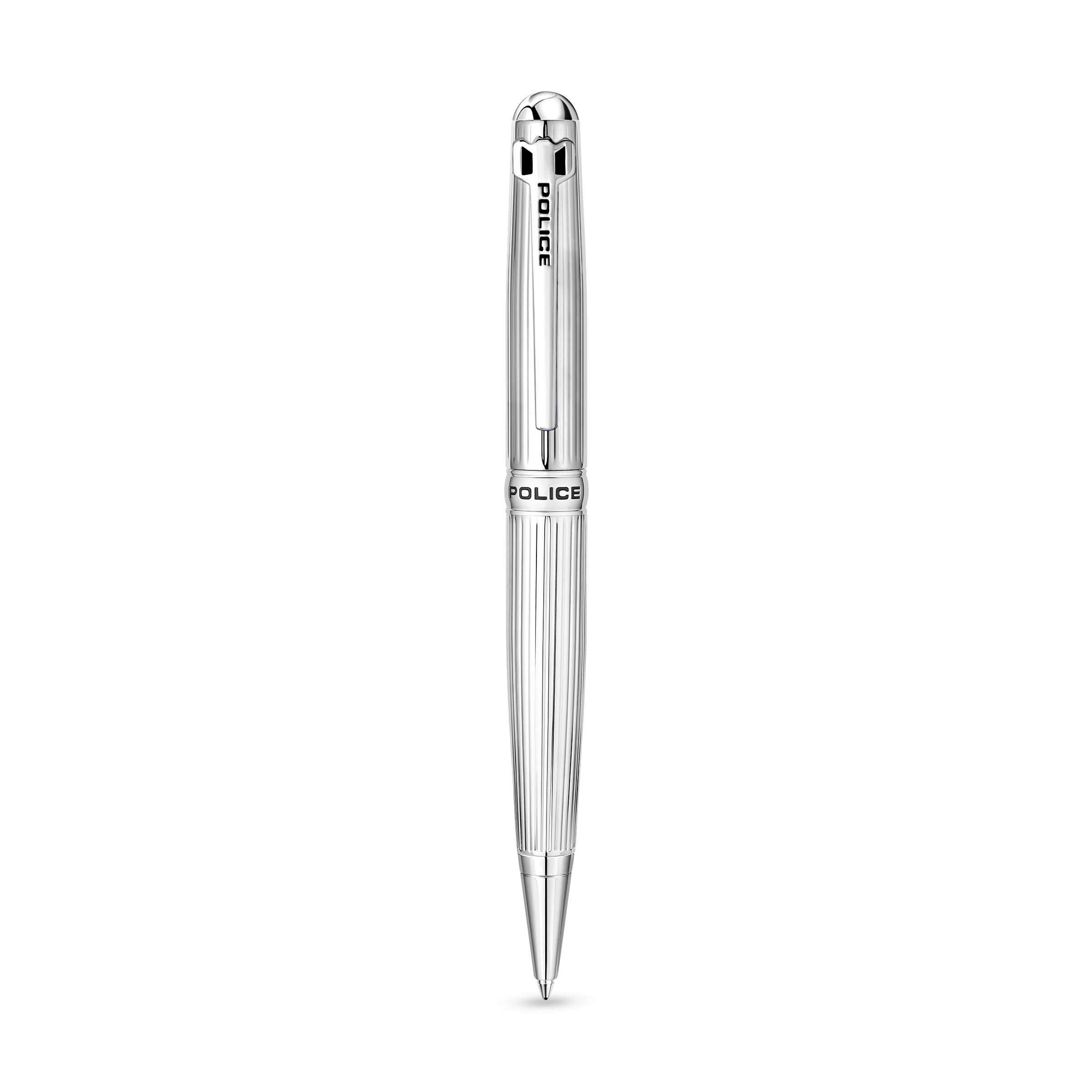 Police Clarendon silver ballpoint pen with full stainless steel plating and signature branding