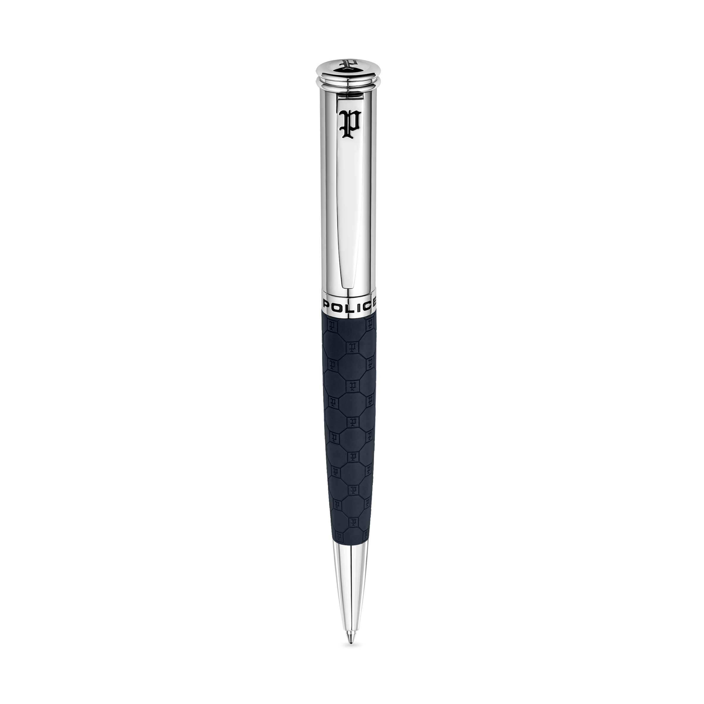 Police Cordia silver and blue ballpoint pen with monogram lower barrel and silver-tone trims