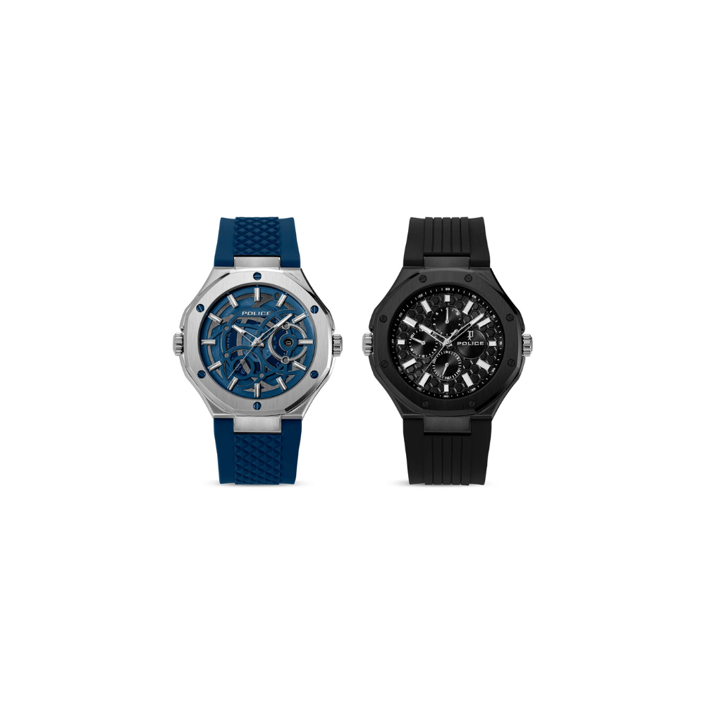 Police Dual men's IP black and silver case watches with black and blue silicone straps