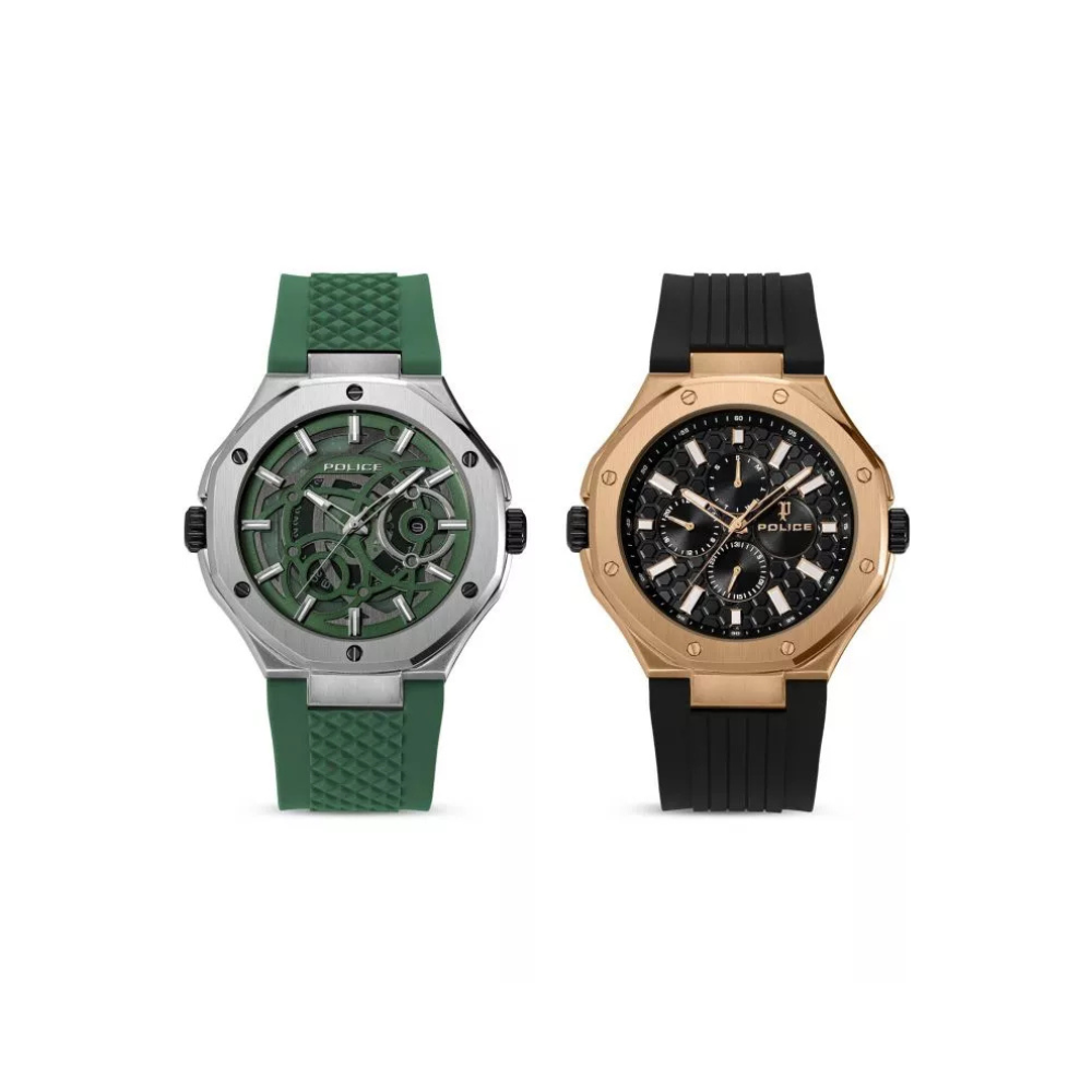 Police Dual PEWGQ0081902 men's watch set with silver green skeleton dial watch and rose gold black silicone strap watch