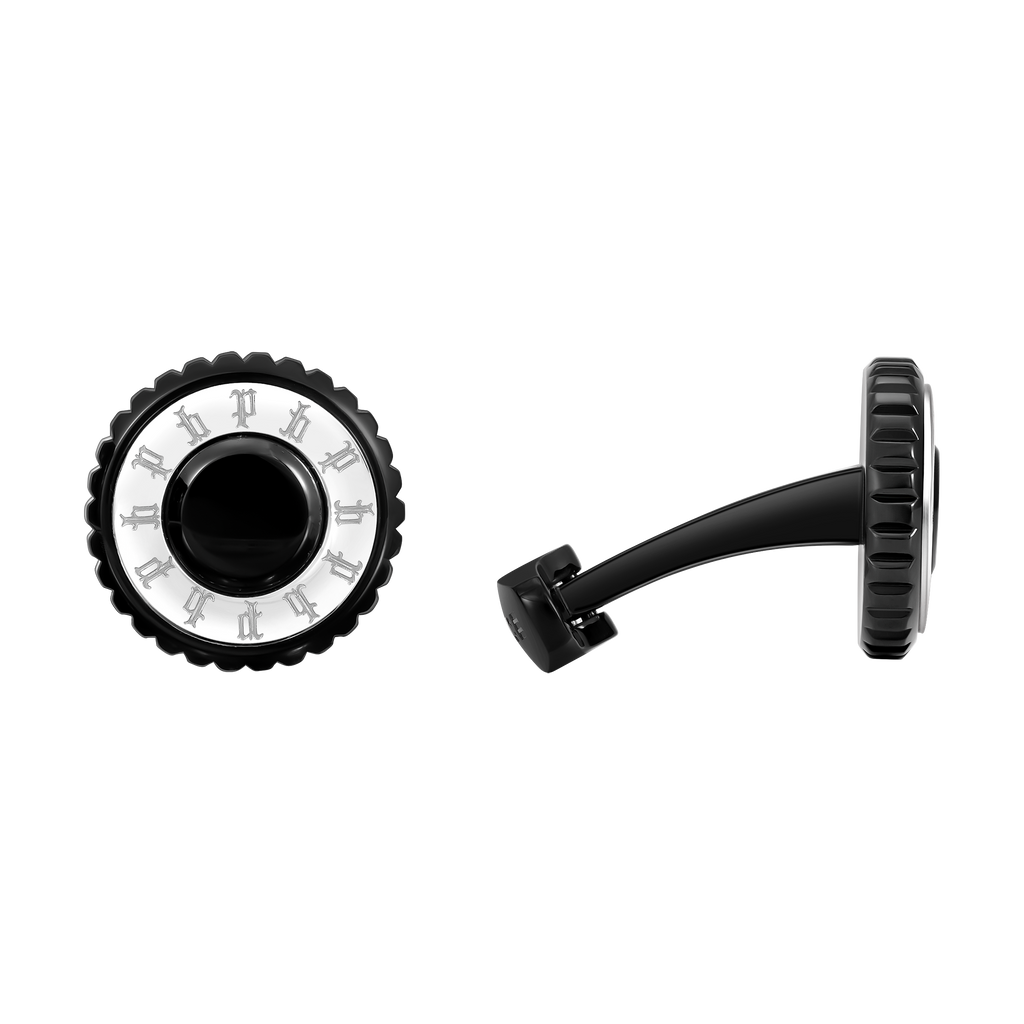 Police Fluted men's black and silver cufflinks with circular design, fluted edges and signature P emblems