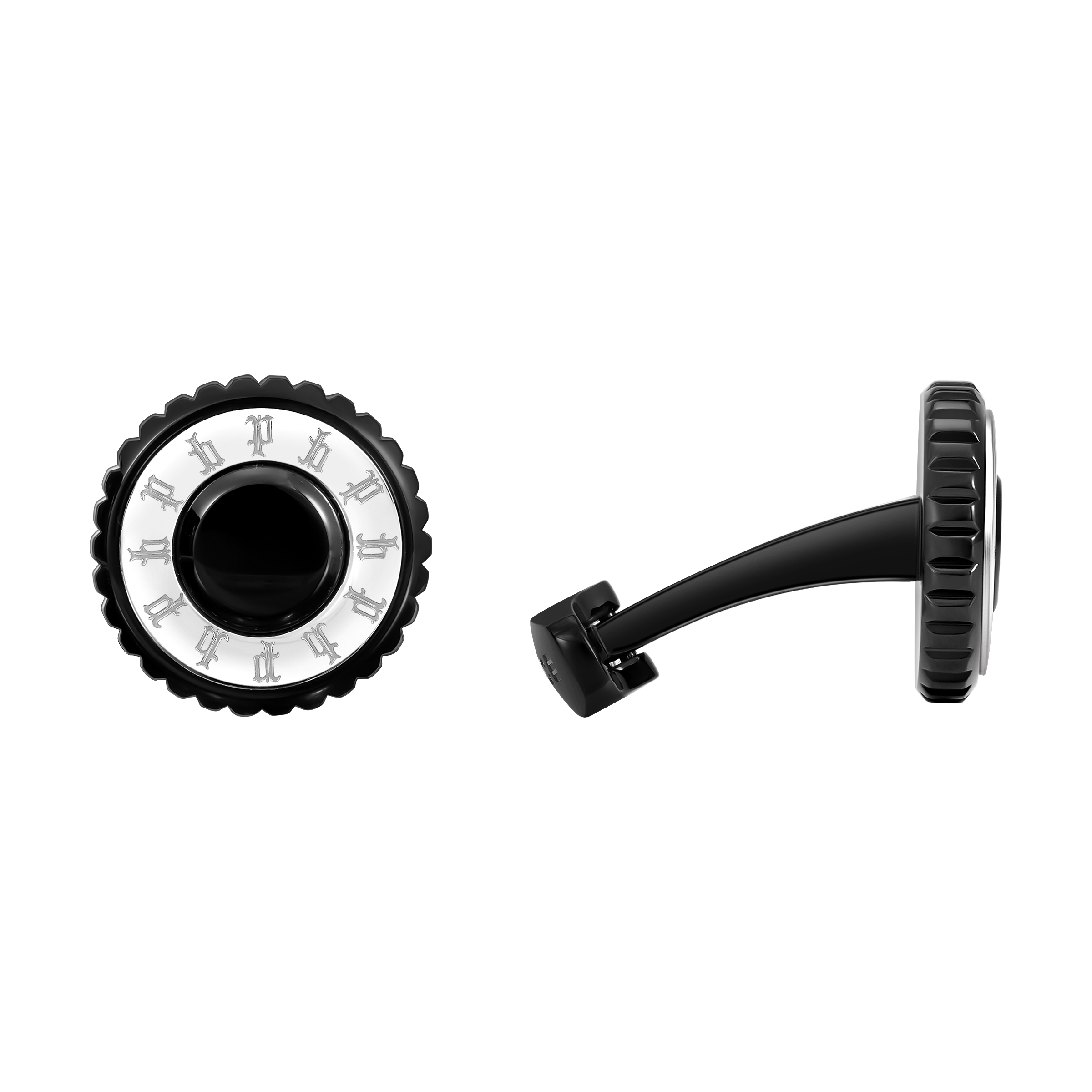 Police Fluted men's black and silver cufflinks with circular design, fluted edges and signature P emblems