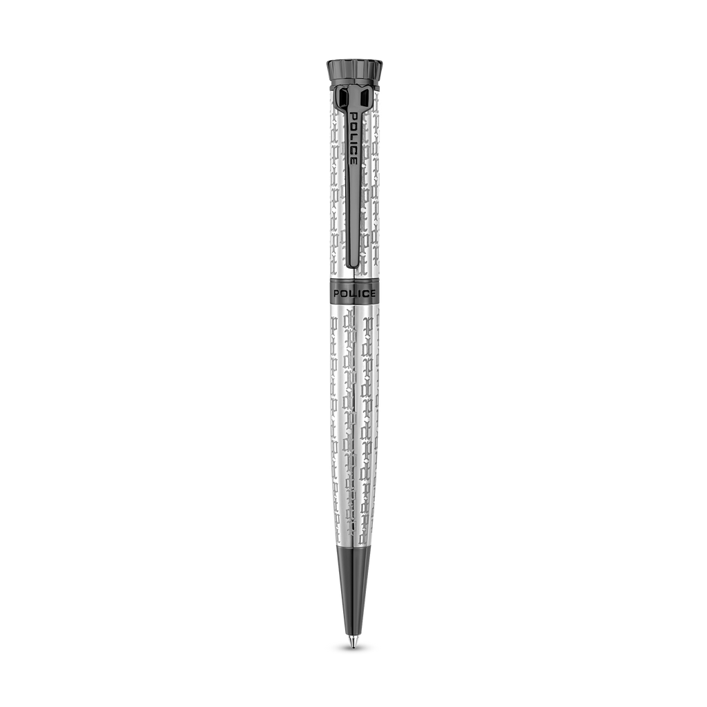 Police Gothic stainless steel ballpoint pen with full monogram design and gunmetal-tone trims