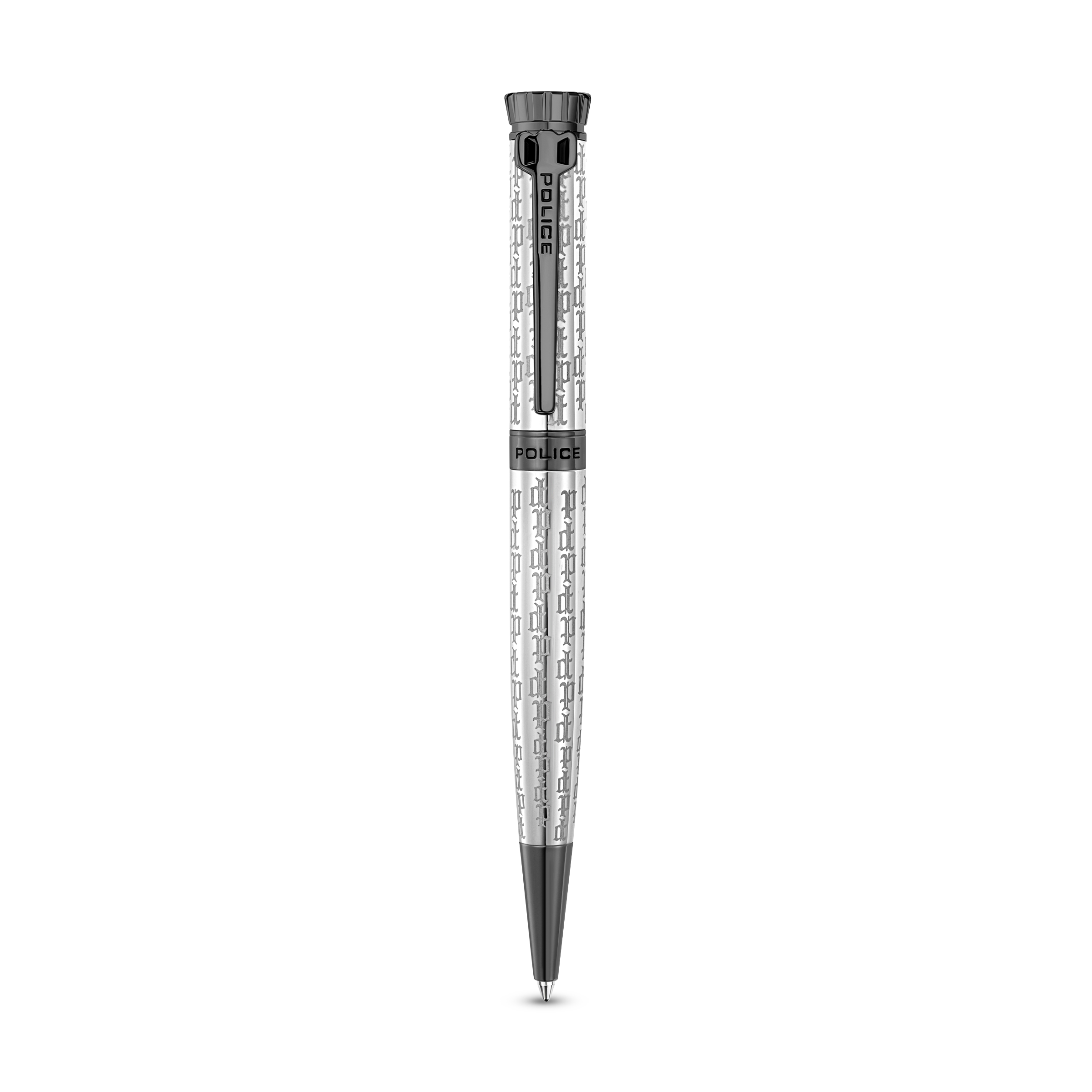 Police Gothic stainless steel ballpoint pen with full monogram design and gunmetal-tone trims