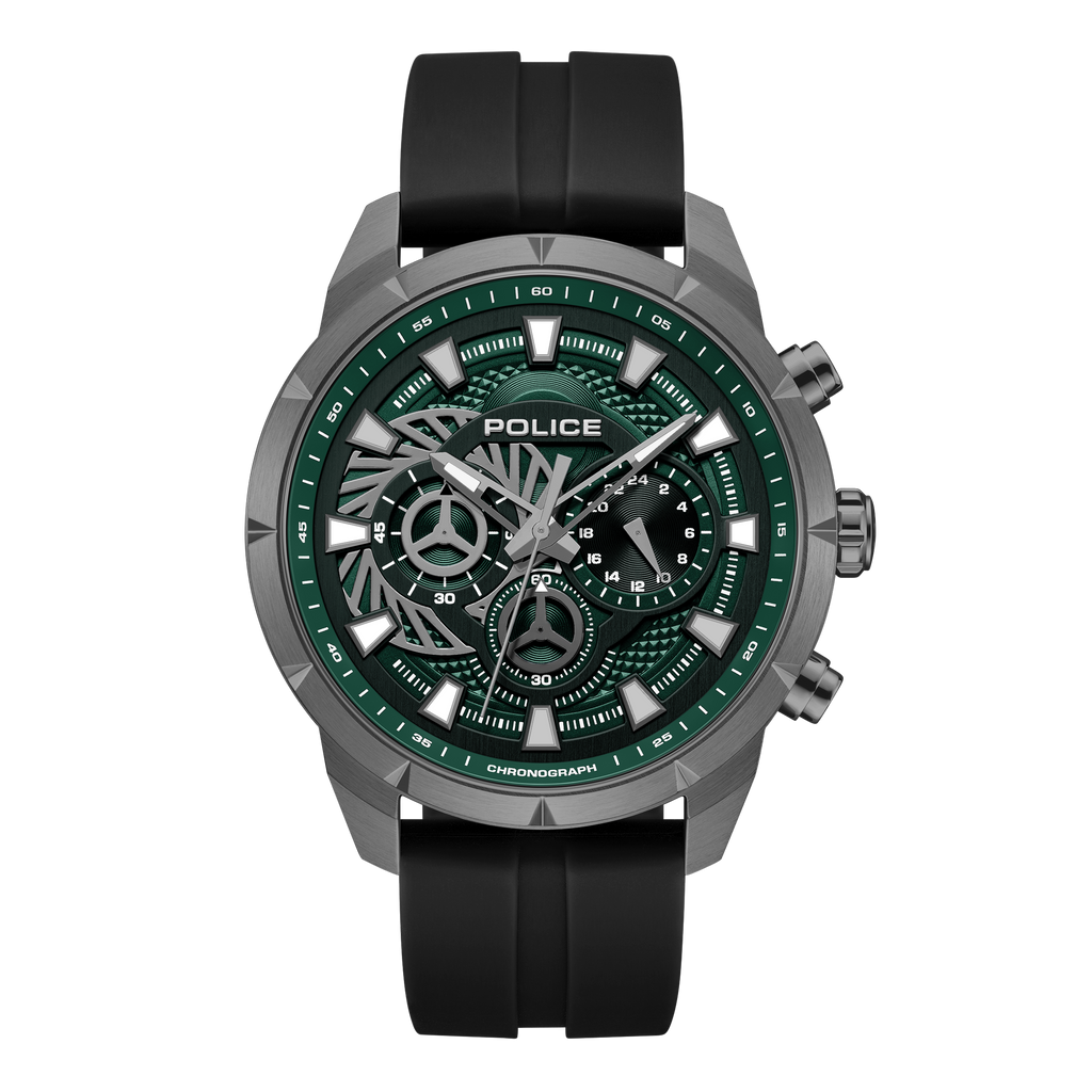 Police green dial chronograph watch gunmetal case black silicone strap men watch Shop Now Online