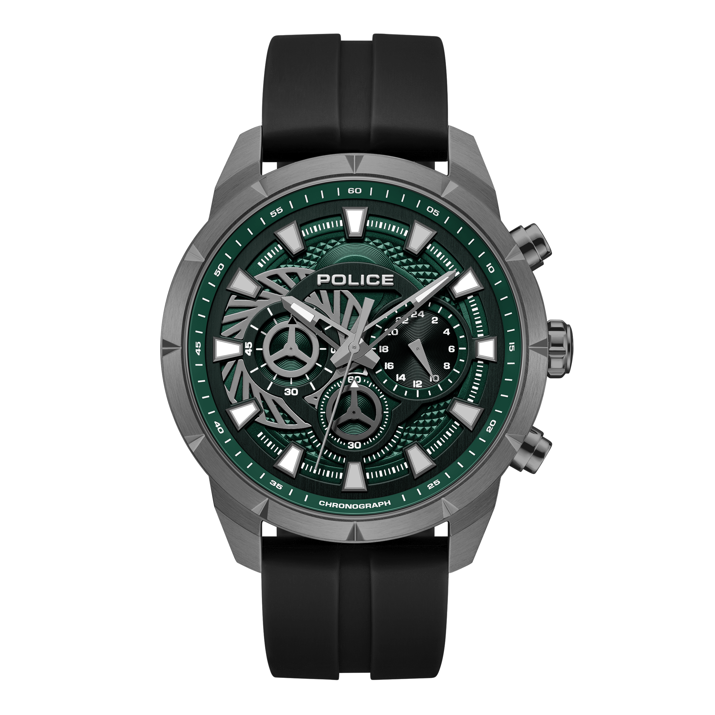 Police green dial chronograph watch gunmetal case black silicone strap men watch Shop Now Online