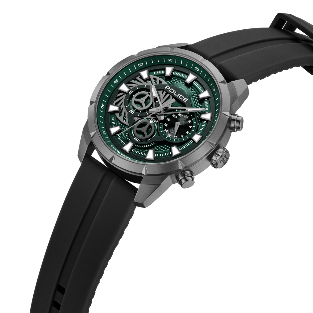 Police green dial chronograph watch gunmetal case black silicone strap men watch Shop Now Online