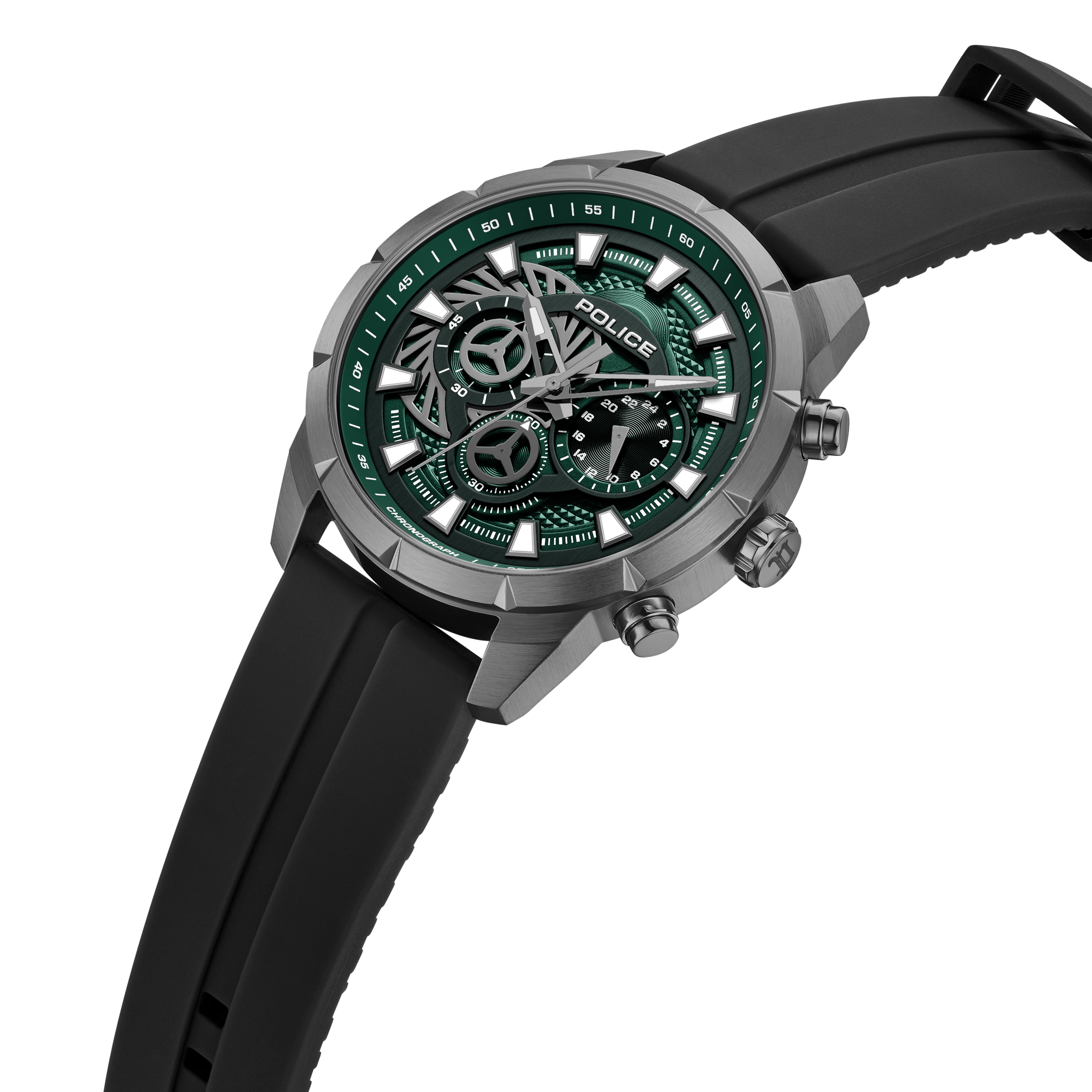 Police green dial chronograph watch gunmetal case black silicone strap men watch Shop Now Online