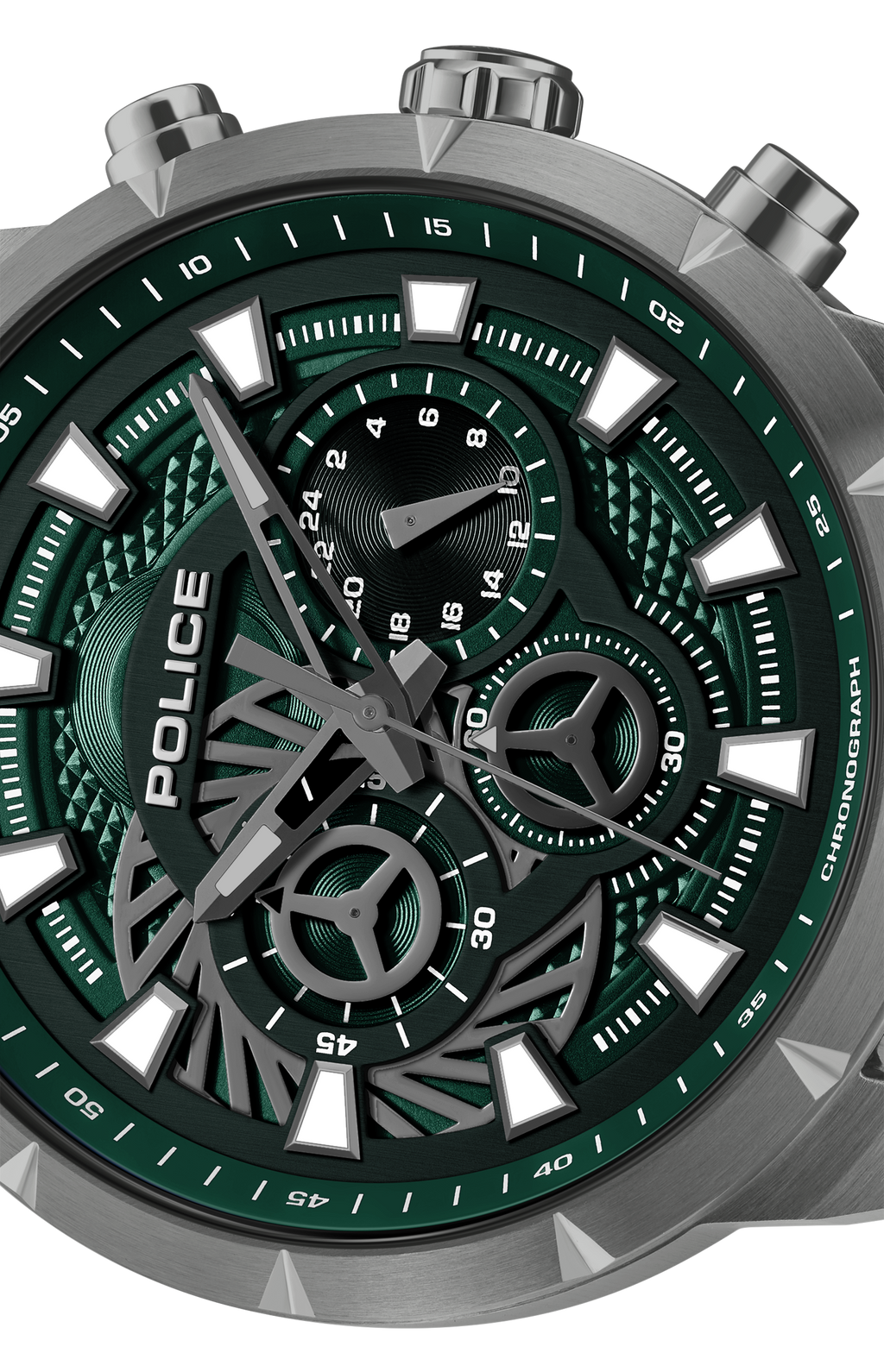 Police green dial chronograph watch gunmetal case black silicone strap men watch Shop Now Online
