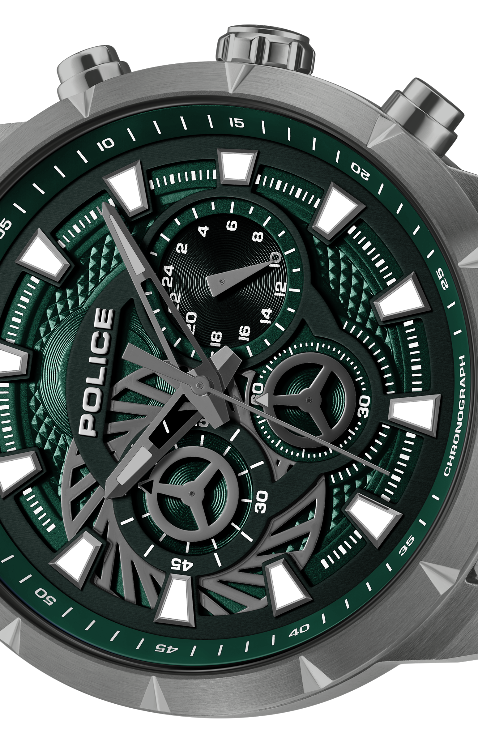 Police green dial chronograph watch gunmetal case black silicone strap men watch Shop Now Online