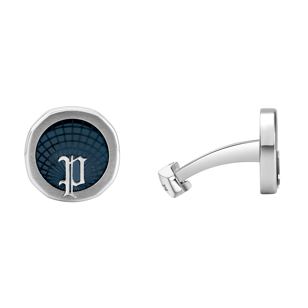 Police Horizon men's stainless steel cufflinks with dark grey-blue textured center and signature P logo