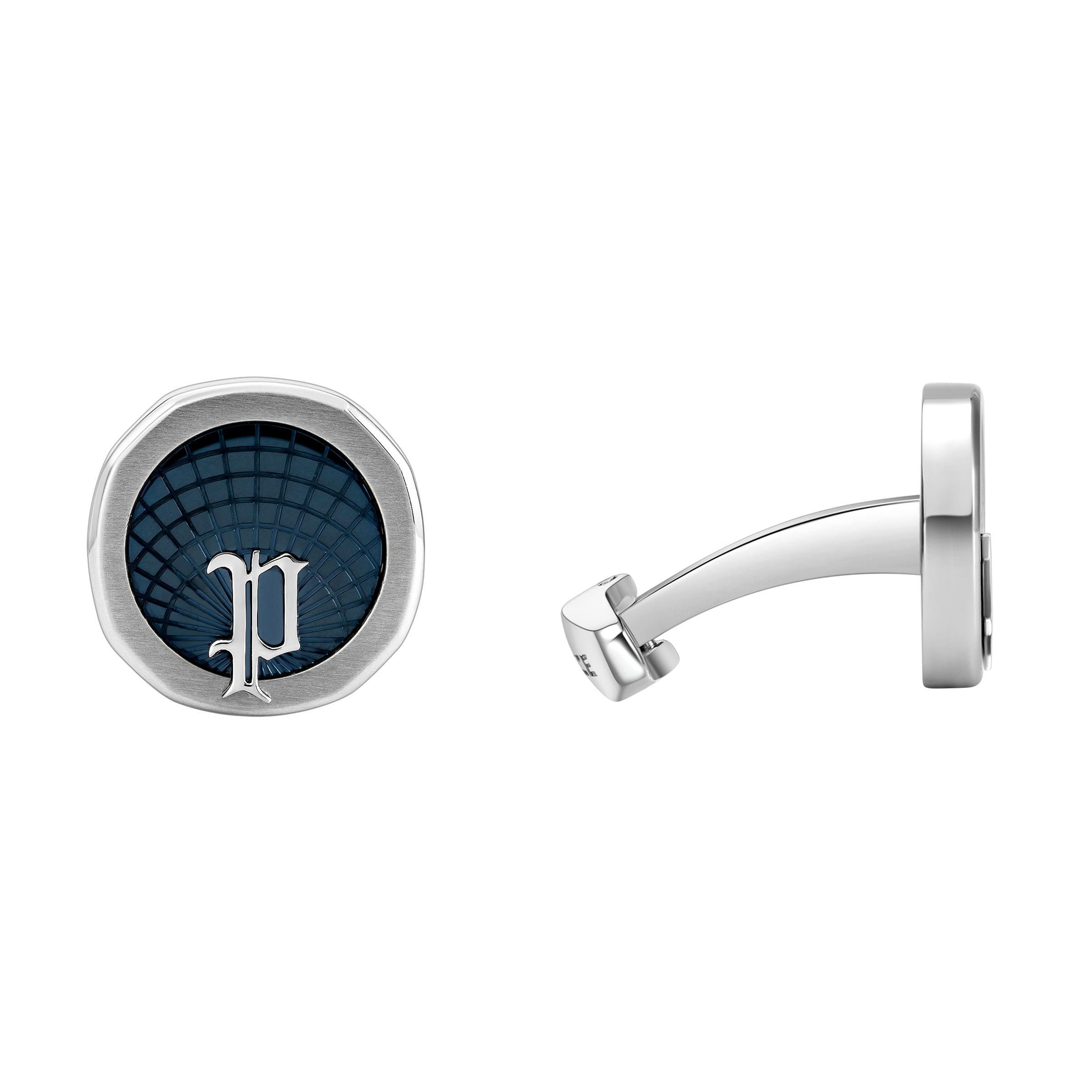 Police Horizon men's stainless steel cufflinks with dark grey-blue textured center and signature P logo
