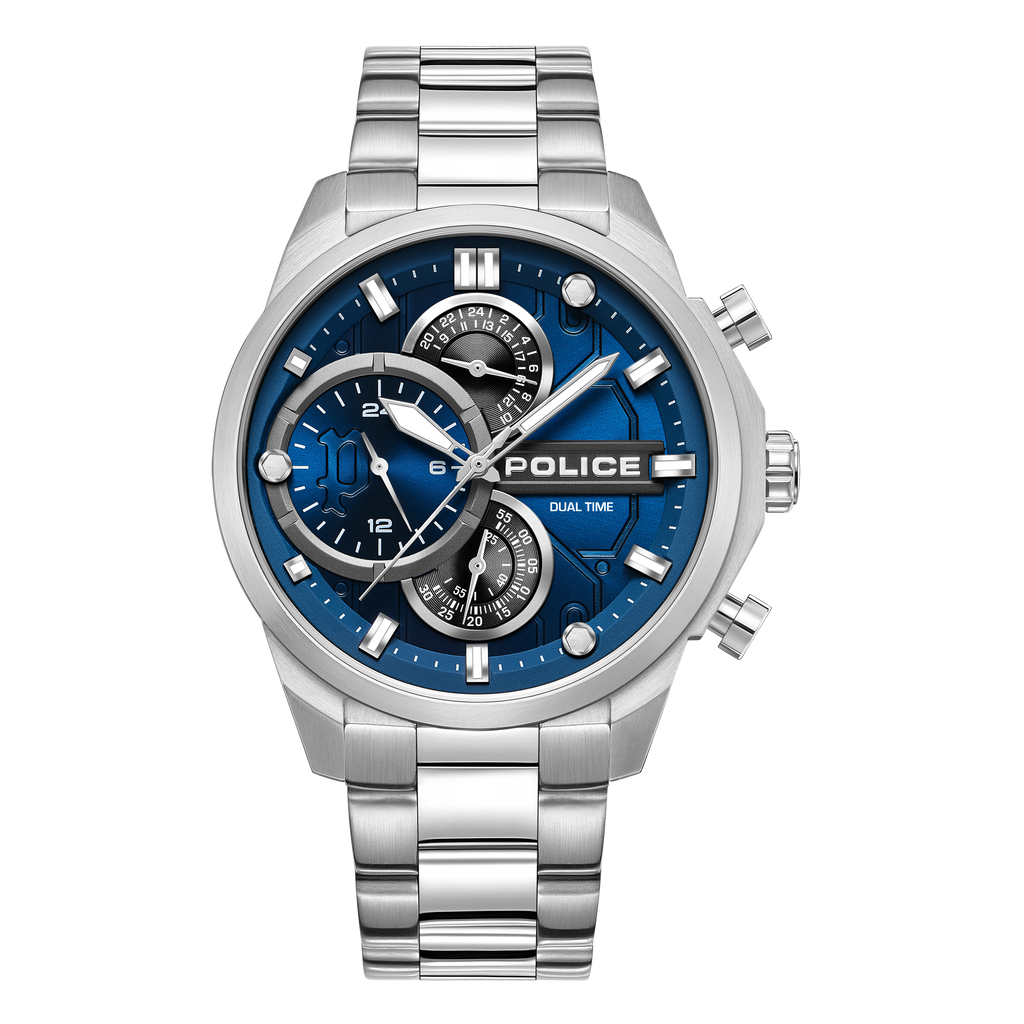 Police men's dual time watch with blue multi-layer dial, silver stainless steel case and matching bracelet