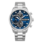 Police men's dual time watch with blue multi-layer dial, silver stainless steel case and matching bracelet