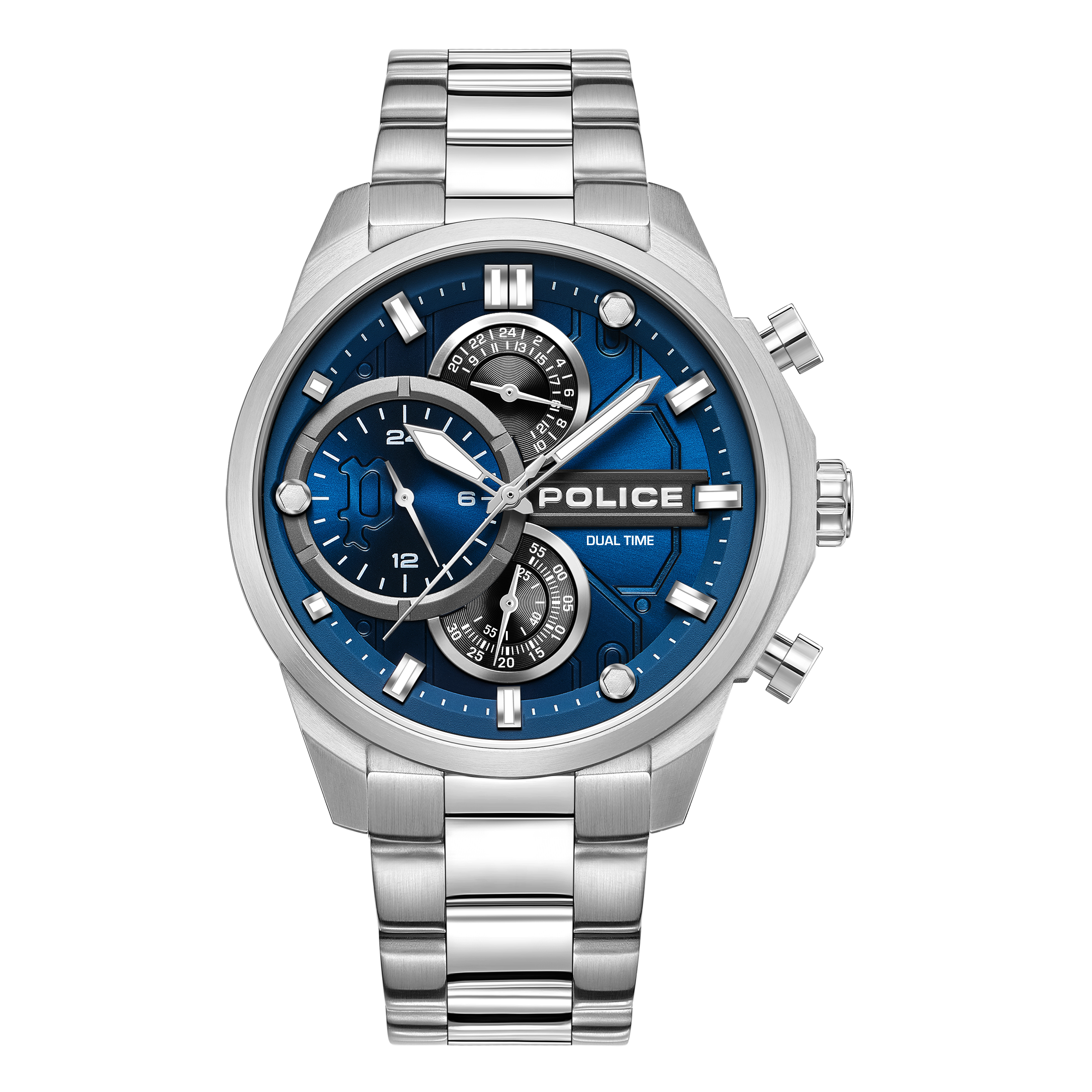 Police men's dual time watch with blue multi-layer dial, silver stainless steel case and matching bracelet