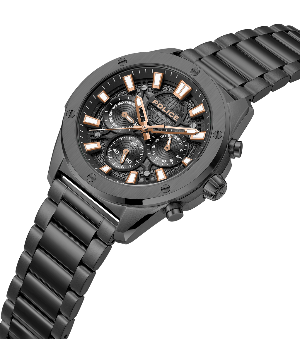 Police men's gunmetal chronograph watch with black dial, rose-gold-tone accents and matching metal bracelet