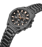 Police men's gunmetal chronograph watch with black dial, rose-gold-tone accents and matching metal bracelet