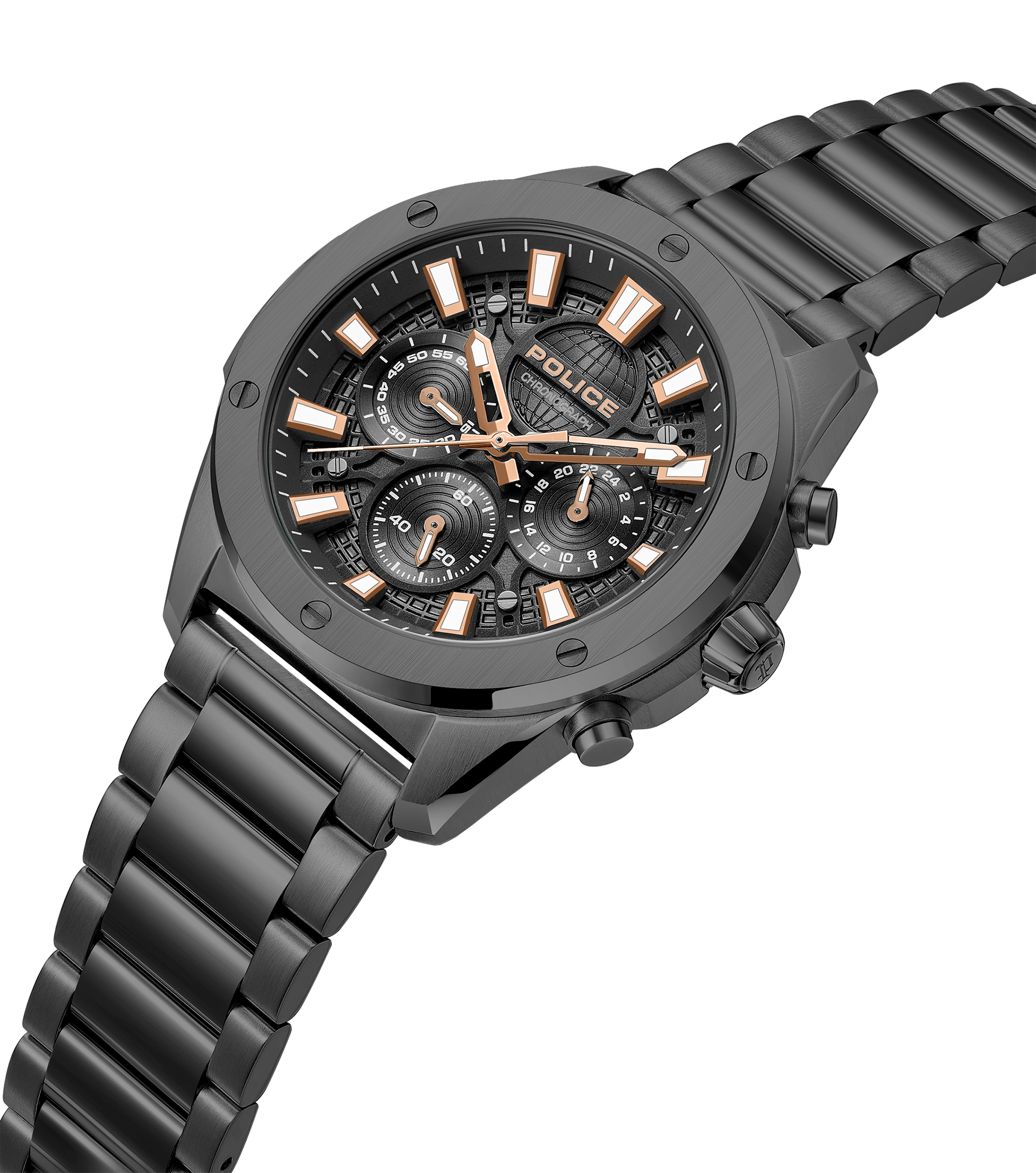 Police men's gunmetal chronograph watch with black dial, rose-gold-tone accents and matching metal bracelet