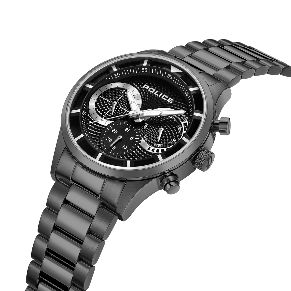 Police men's gunmetal bracelet watch with black textured multifunction dial and silver-tone details