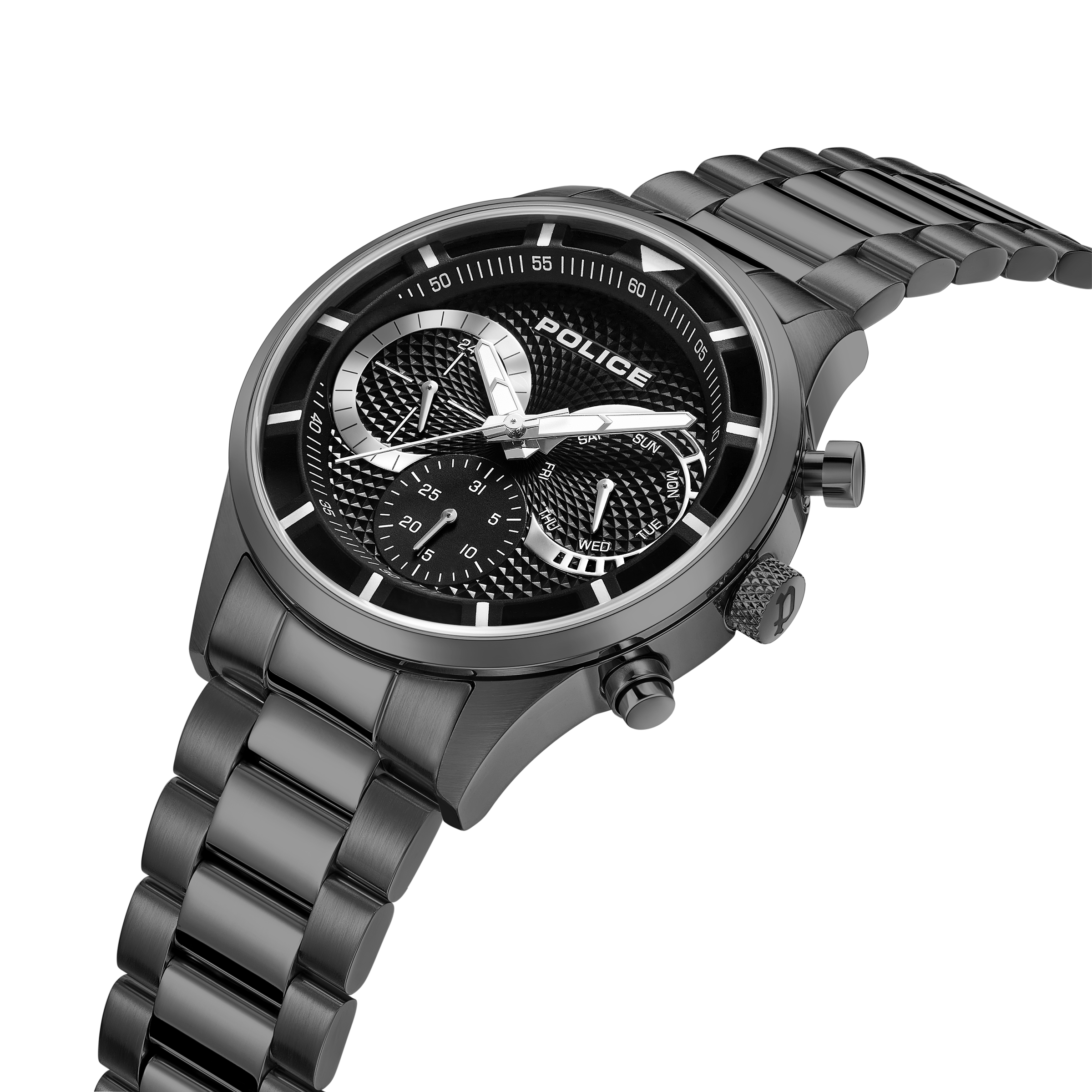 Police men's gunmetal bracelet watch with black textured multifunction dial and silver-tone details