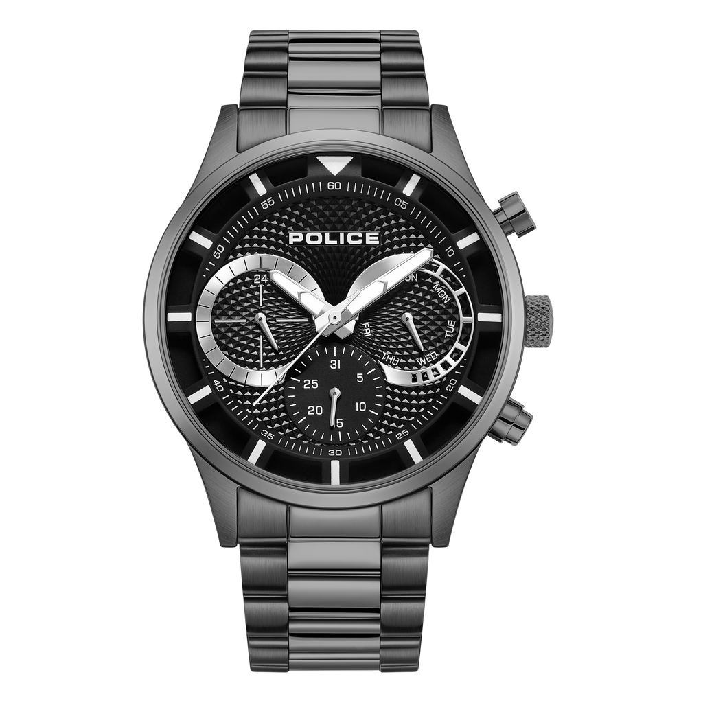 Police men's gunmetal bracelet watch with black textured multifunction dial and silver-tone details