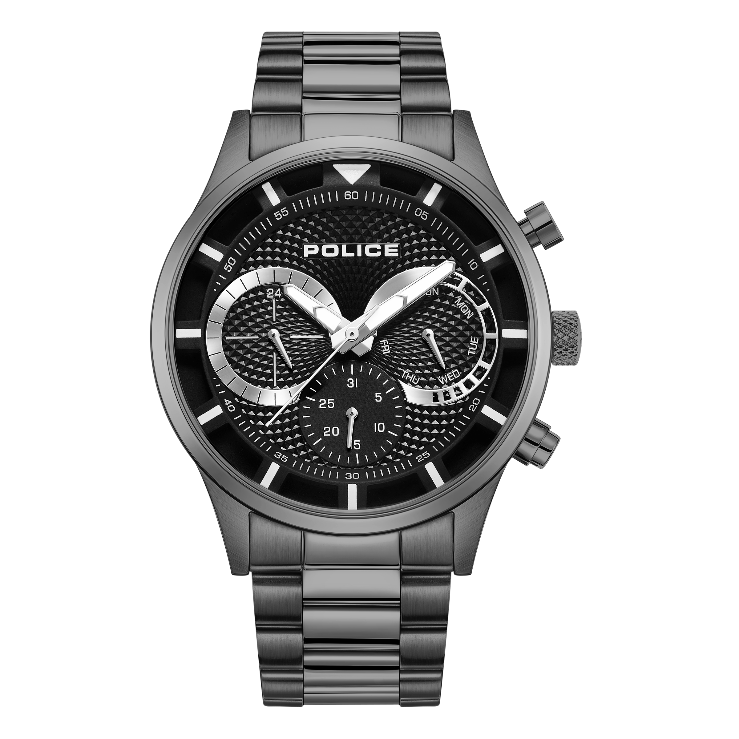 Police men's gunmetal bracelet watch with black textured multifunction dial and silver-tone details