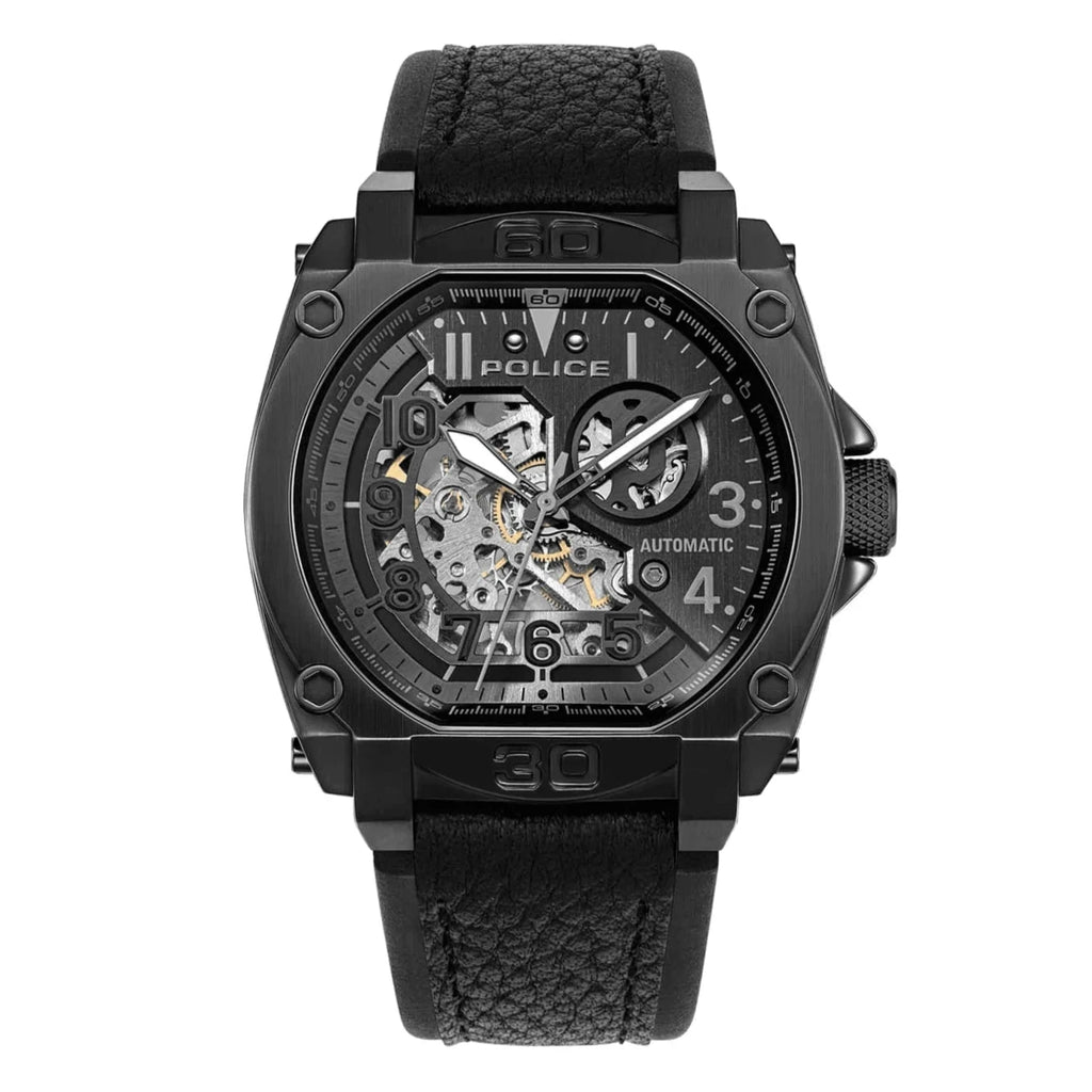 Police Norwood automatic gents watch with black skeleton dial and black leather strap available online at Paris Gallery Qatar