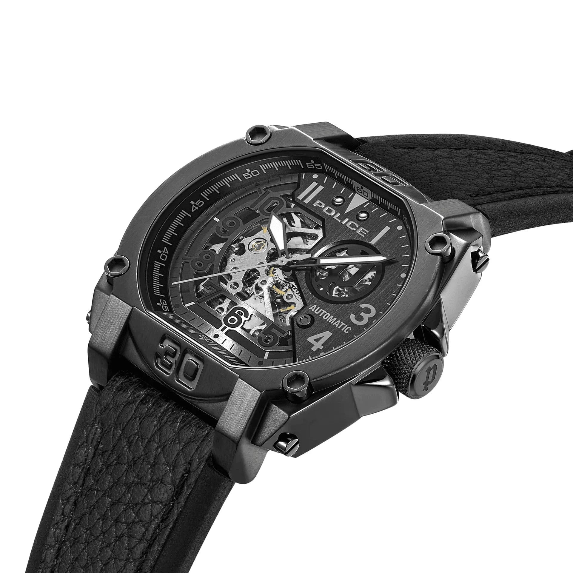 Police Norwood automatic gents watch with black skeleton dial and black leather strap available online at Paris Gallery Qatar