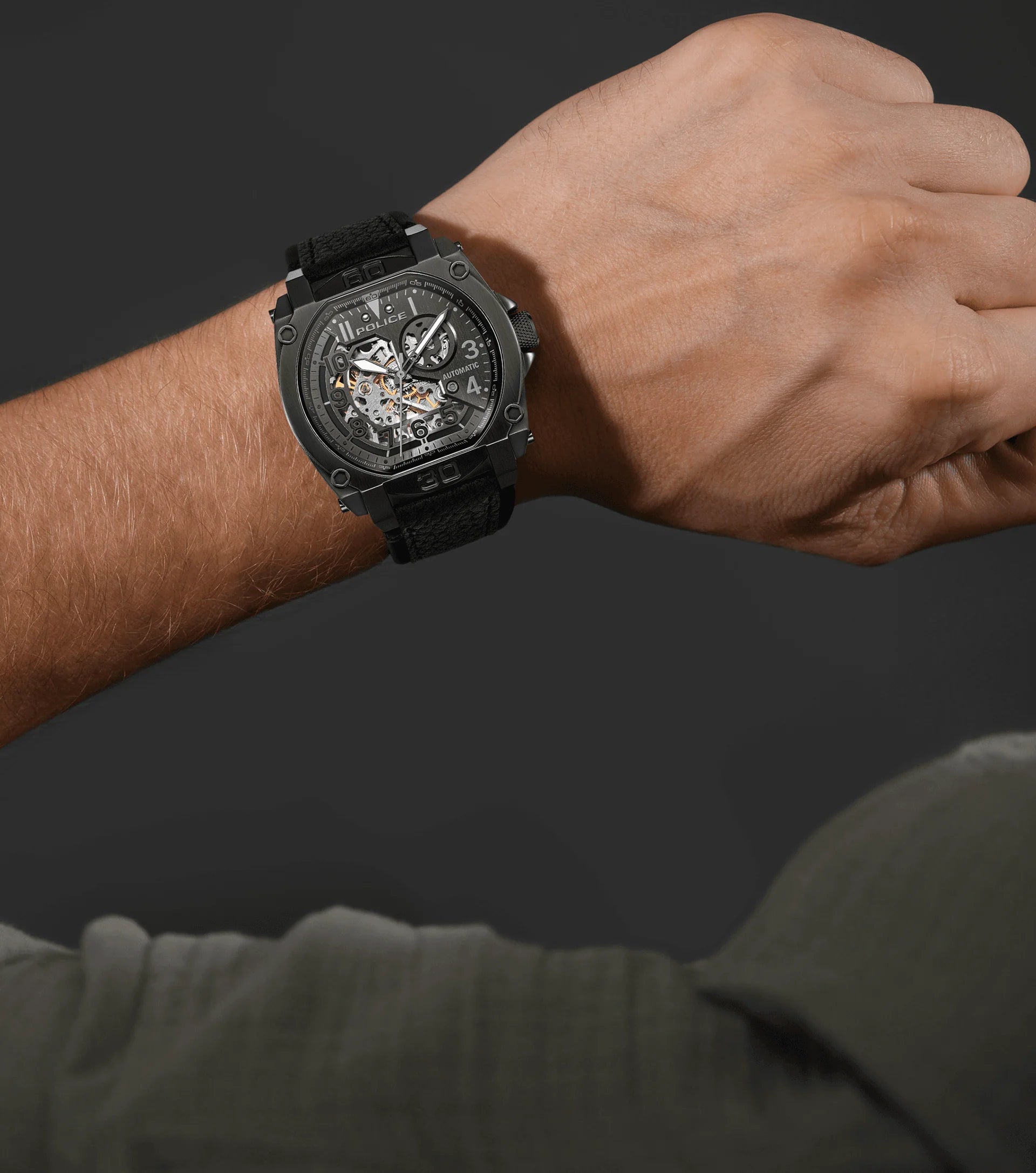 Police Norwood automatic gents watch with black skeleton dial and black leather strap available online at Paris Gallery Qatar