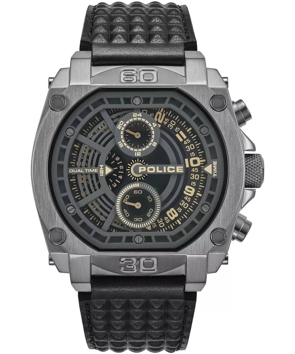 Police Norwood Dual Time men’s watch gray steel case with black leather strap